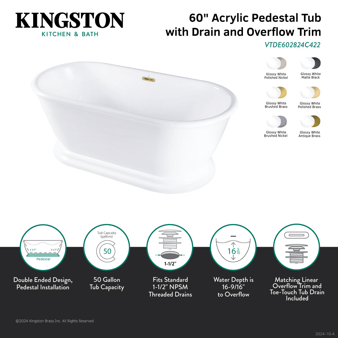 Kingston Brass VTDE602824C422 60" Acrylic Oval Double Ended Pedestal Tub with Drain (No Faucet Drillings), Glossy White/Polished Brass