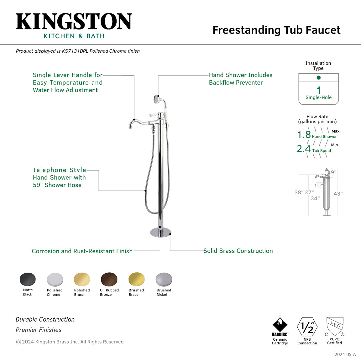 Kingston Brass KS7138DPL Paris Freestanding Tub Faucet with Hand Shower, Brushed Nickel