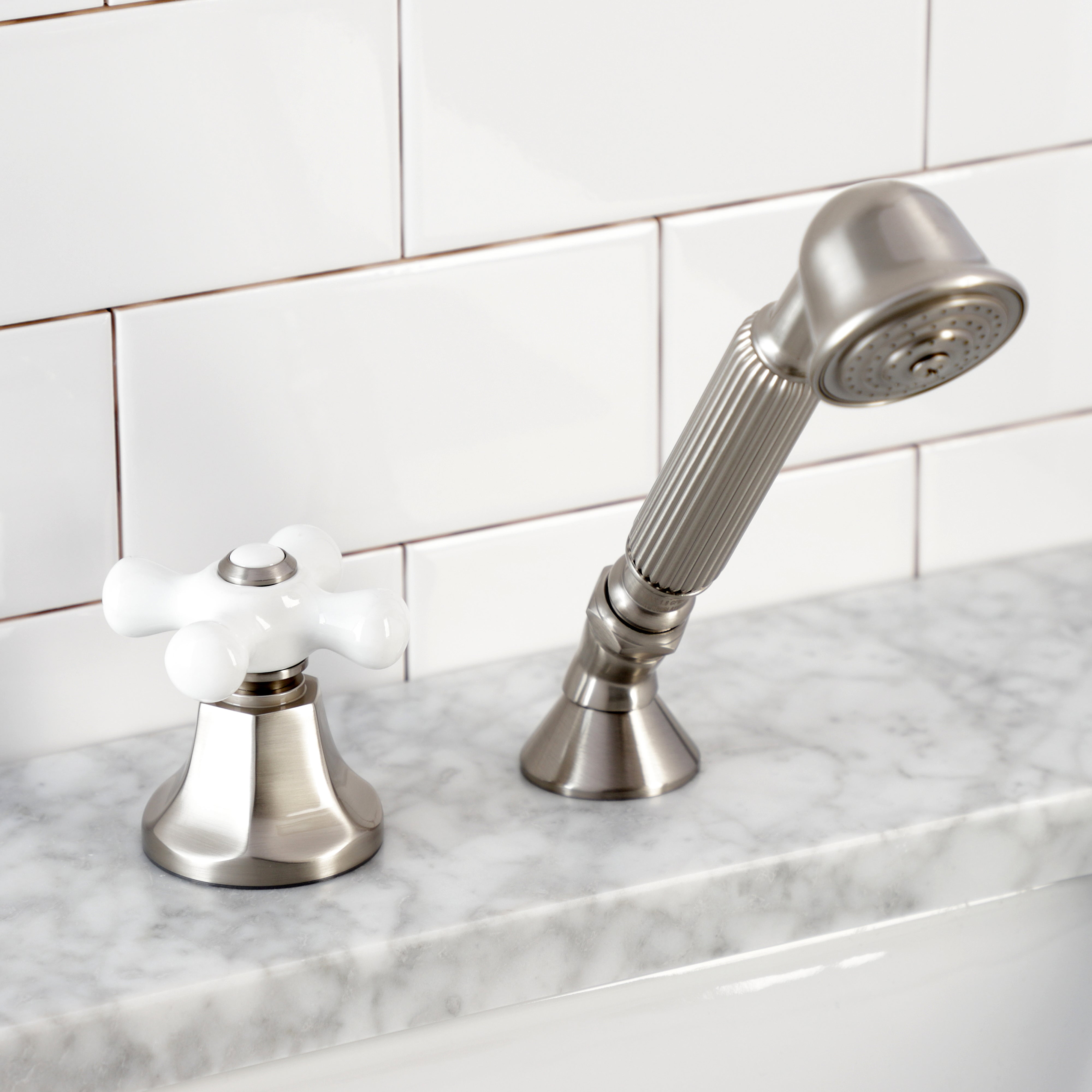 Kingston Brass KSK4308PXTR Deck Mount Hand Shower with Diverter for Roman Tub Faucet, Brushed Nickel