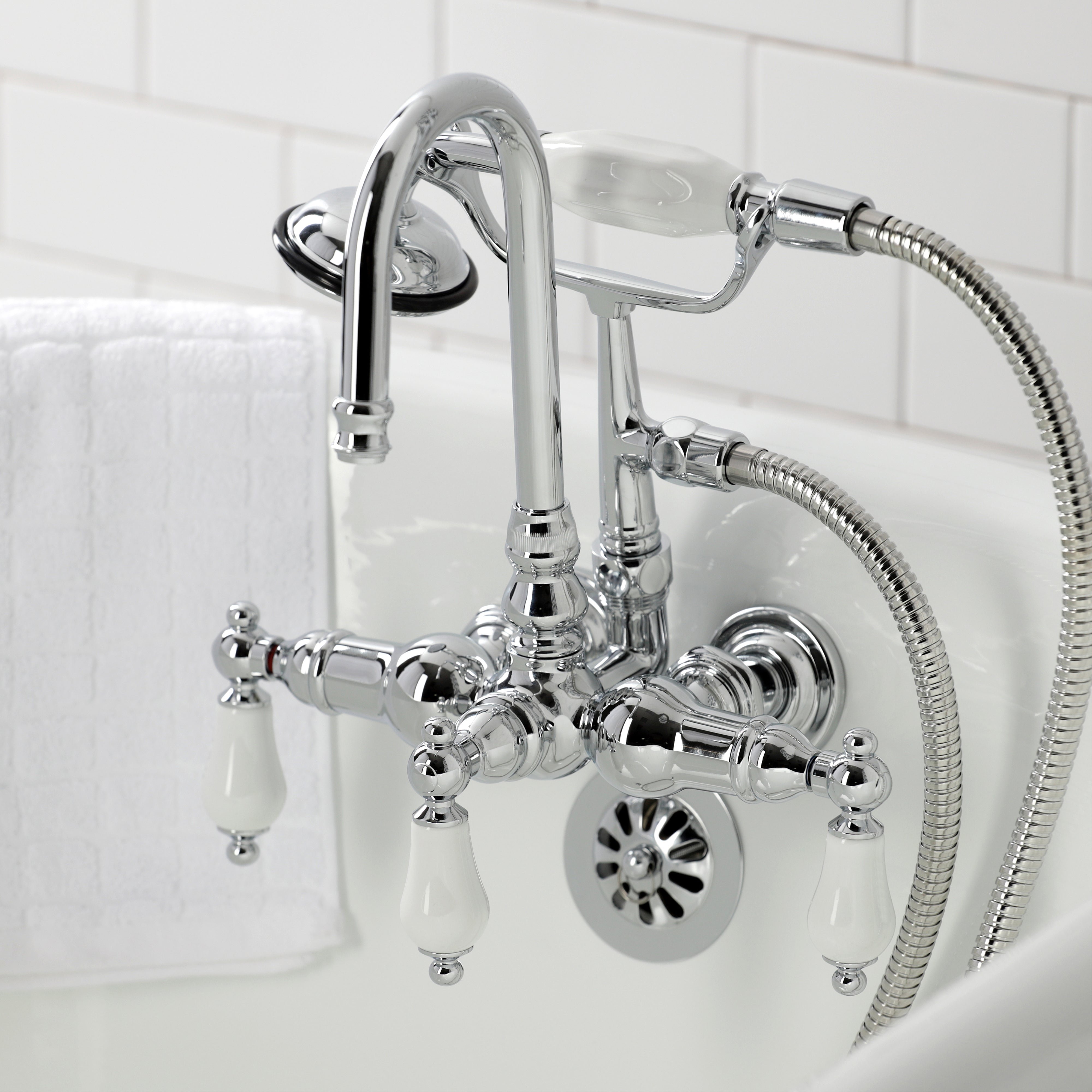 Kingston Brass CA12T1 Vintage 3-3/8" Tub Wall Mount Clawfoot Tub Faucet with Hand Shower, Polished Chrome