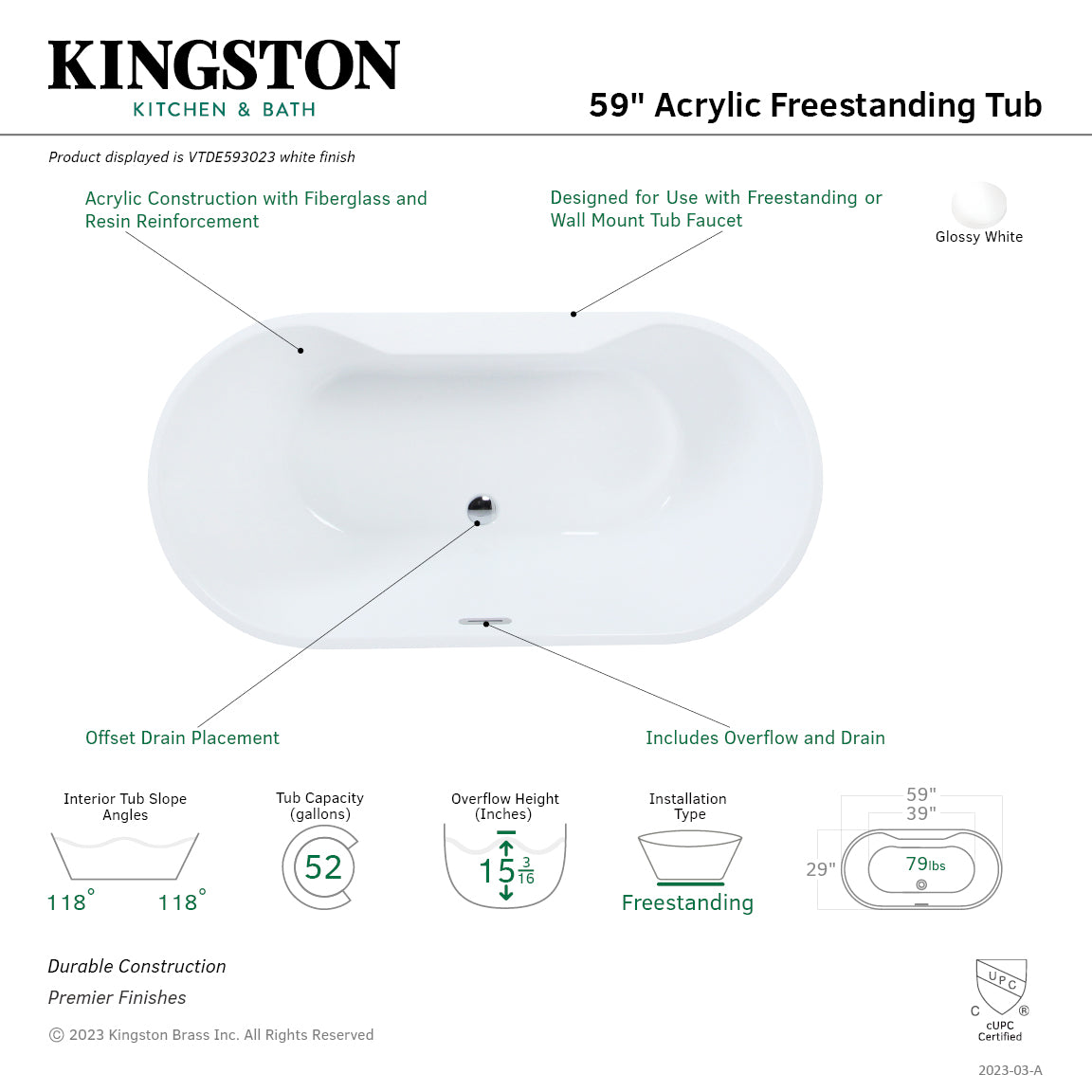 Kingston Brass VTDE593023 59" Acrylic Oval Double Ended Freestanding Tub with Drain, Glossy White