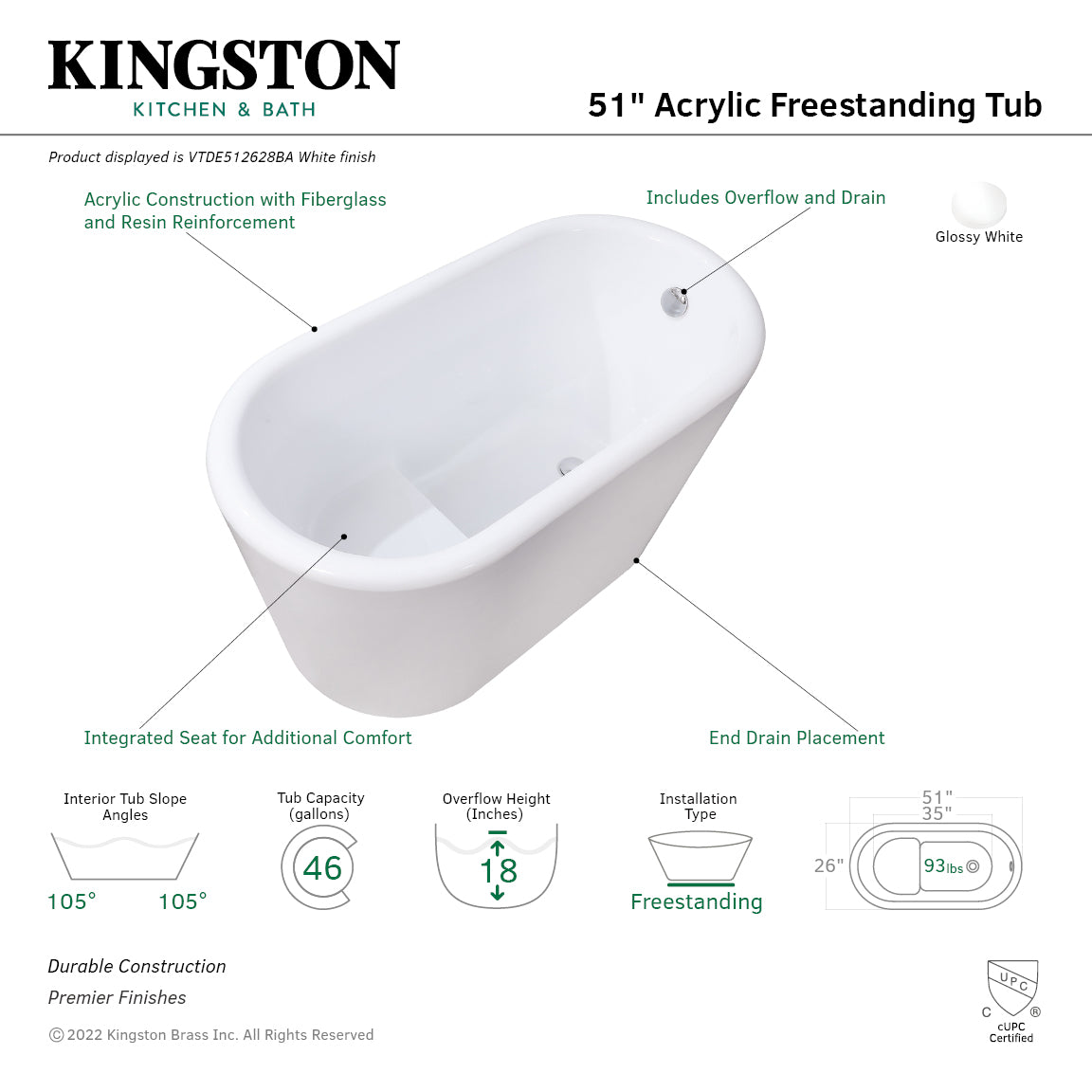 Kingston Brass VTDE512628BA 51" Acrylic Oval Double Ended Freestanding Tub with Drain and Integrated Seat, Glossy White