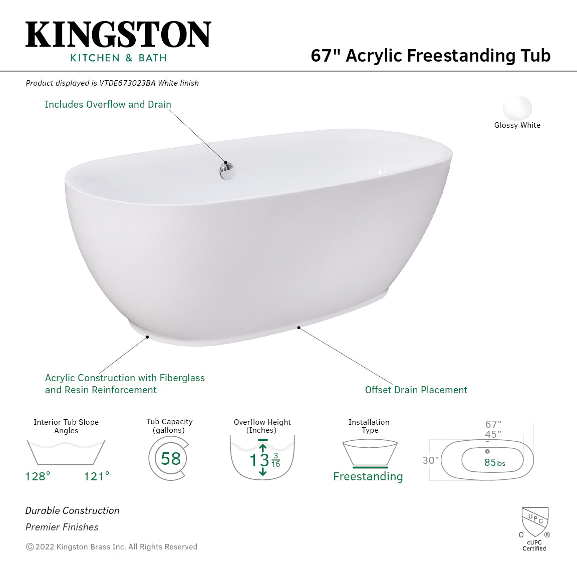 Kingston Brass VTDE673023BA 67" Acrylic Oval Double Ended Freestanding Tub with Drain, Glossy White