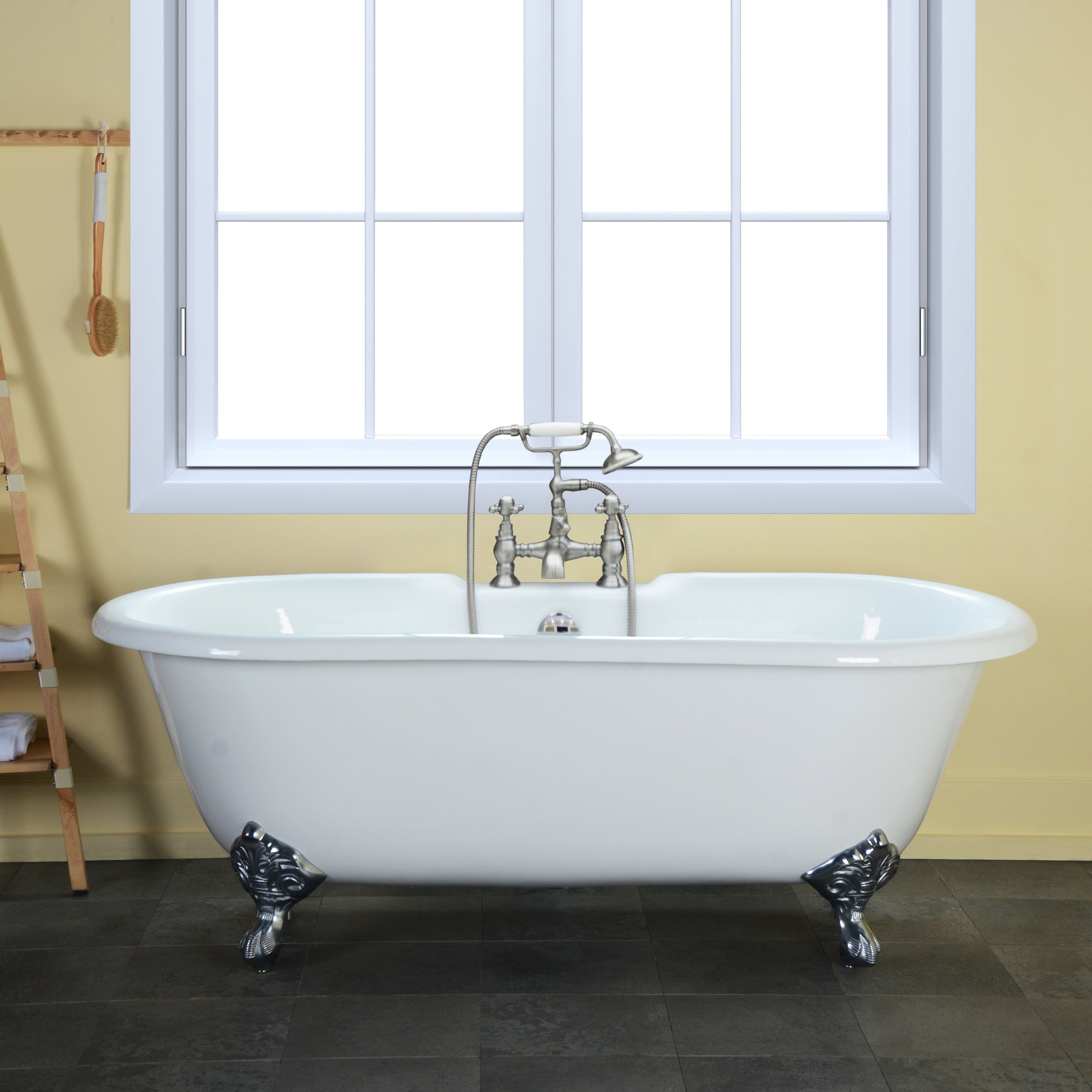 Aqua Eden VCT7D603017NB1 60" Cast Iron Oval Double Ended Clawfoot Tub (7" Faucet Drillings), White/Polished Chrome
