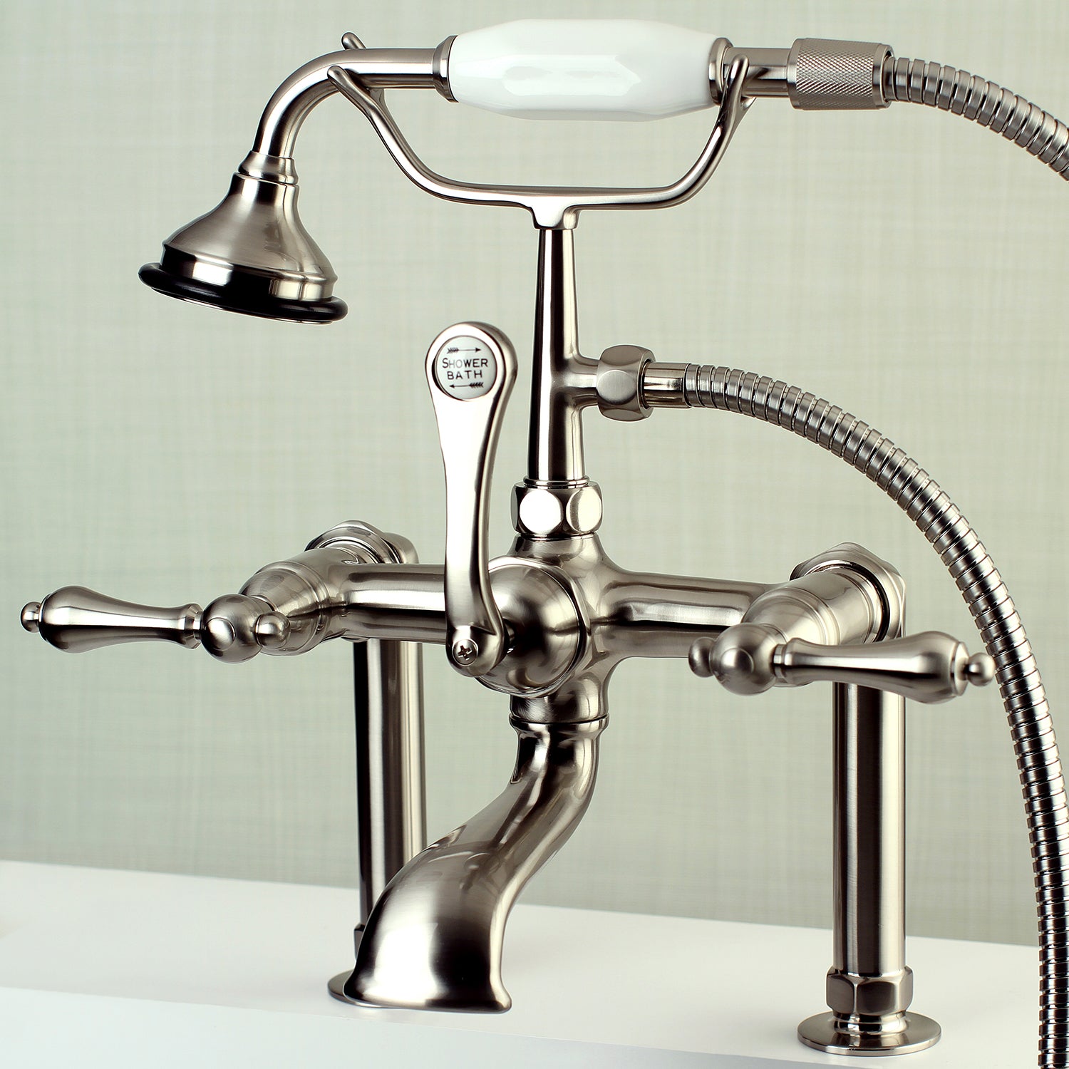Kingston Brass AE103T8 Aqua Vintage 7" Center Deck-Mount Clawfoot Tub Faucet with Hand Shower, Brushed Nickel