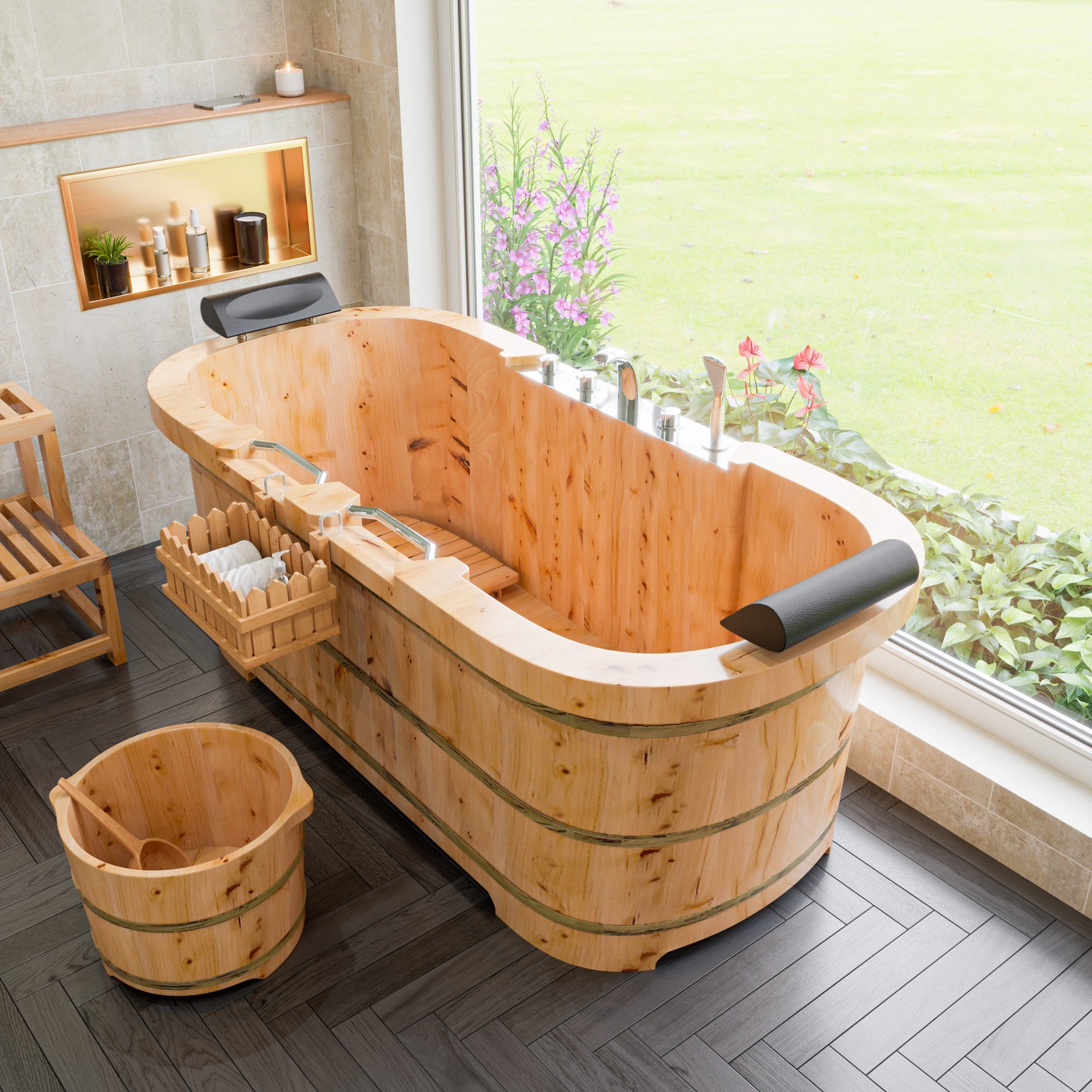 ALFI AB1130 65" 2 Person Free Standing Cedar Wooden Bathtub with Fixtures & Headrests