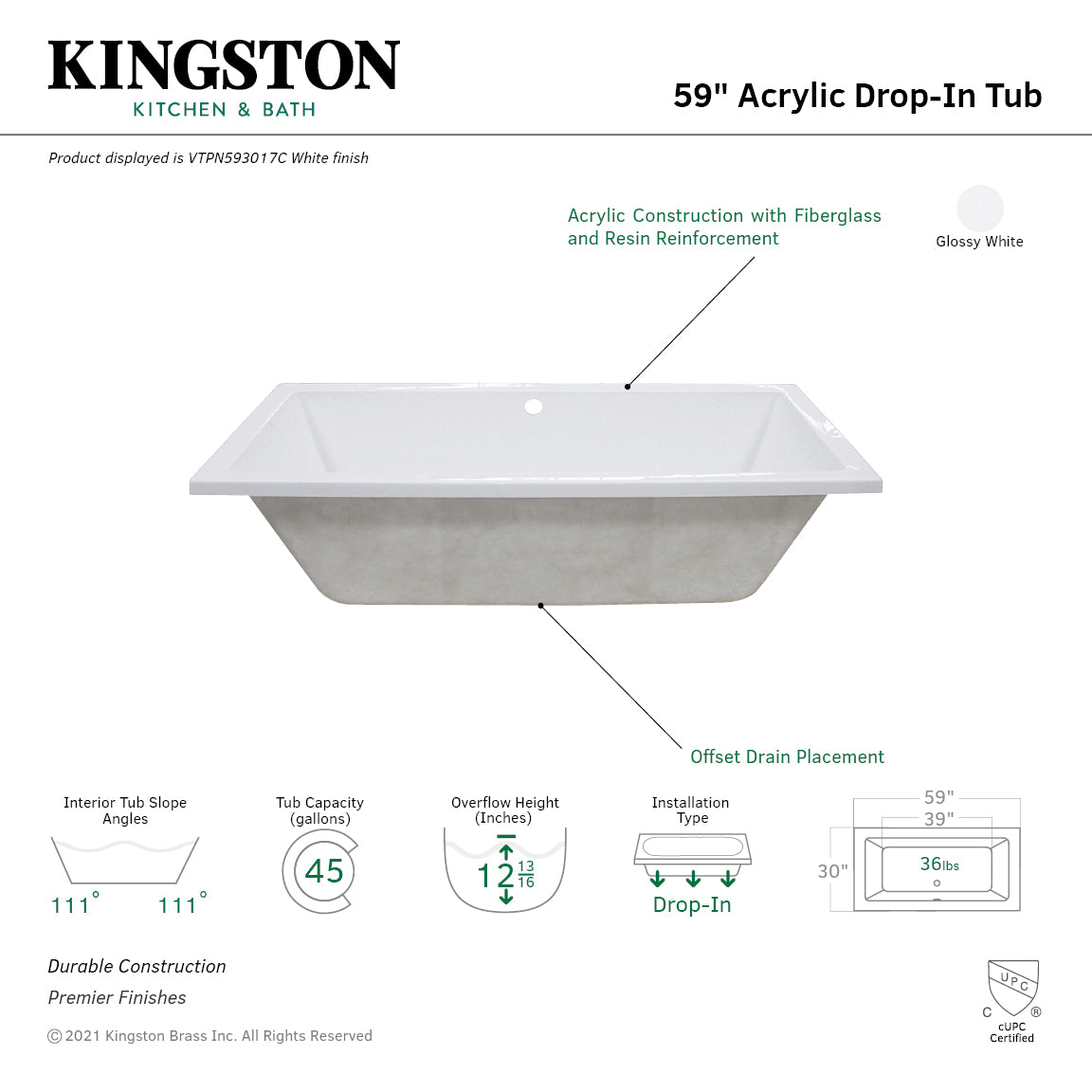 Aqua Eden VTPN593017C 59" Acrylic Rectangular Drop-In Tub with Center Drain, Glossy White