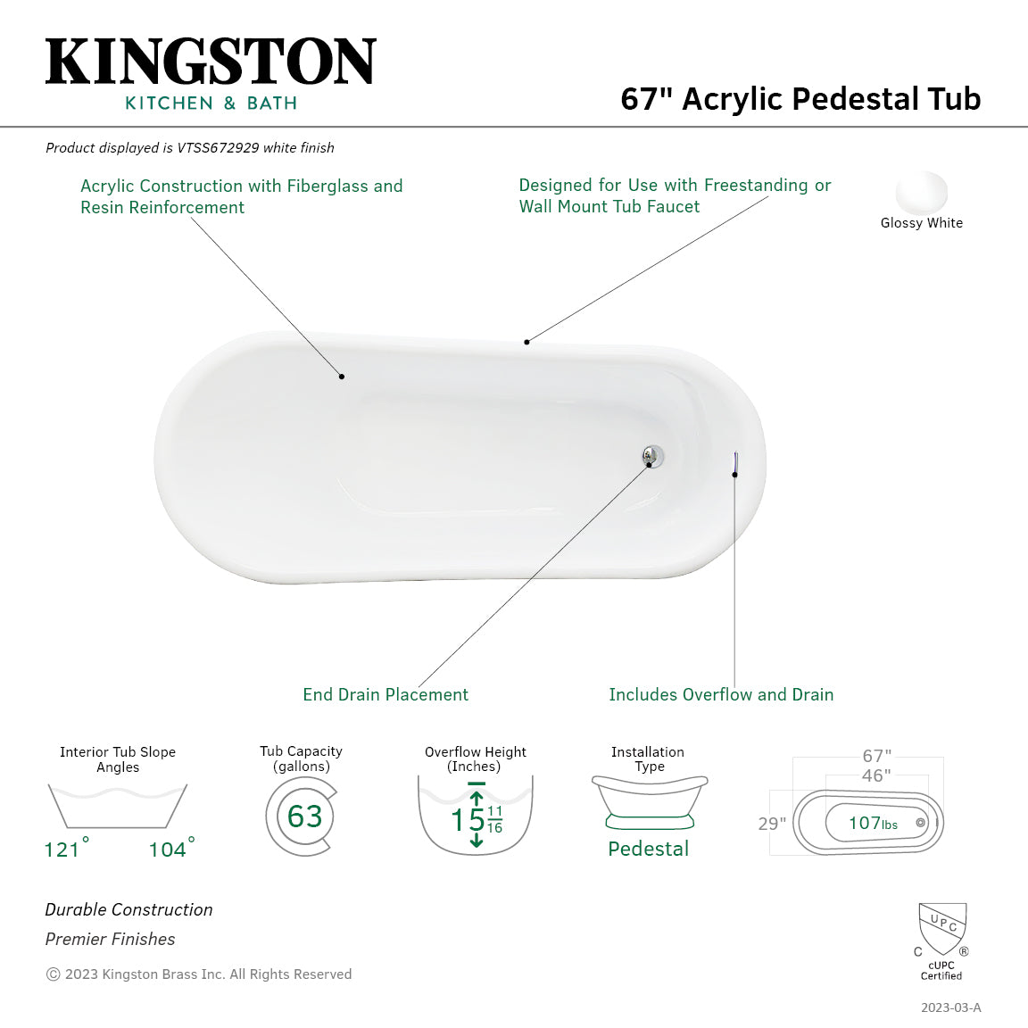 Aqua Eden VTSS672929 67" Acrylic Oval Single Slipper Pedestal Tub with Drain (No Faucet Drillings), Glossy White