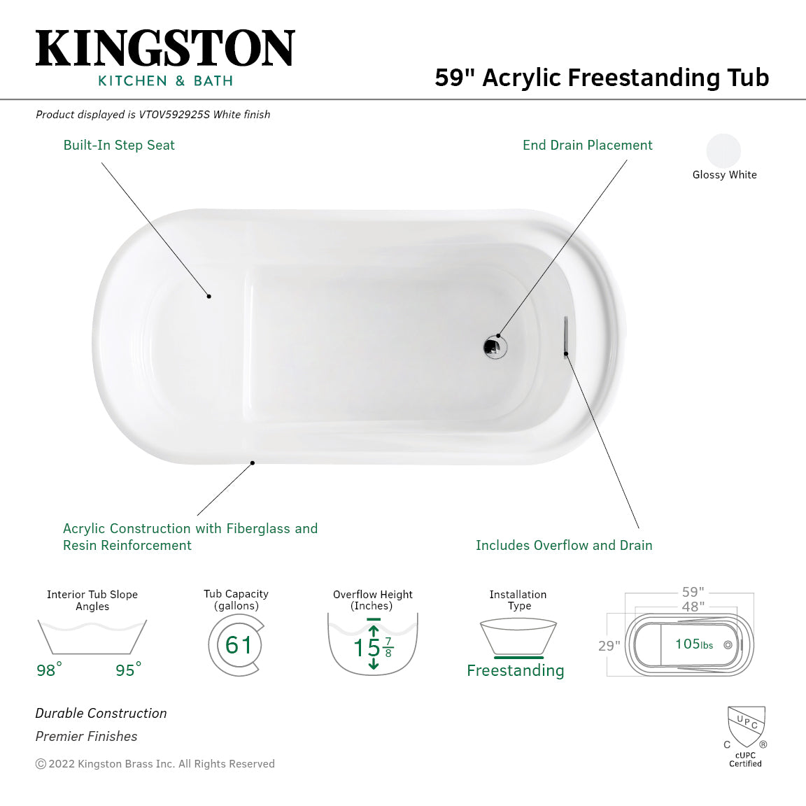 Kingston Brass VTOV592925S 59" Acrylic Oval Double Ended Freestanding Tub with Drain and Integrated Seat, Glossy White