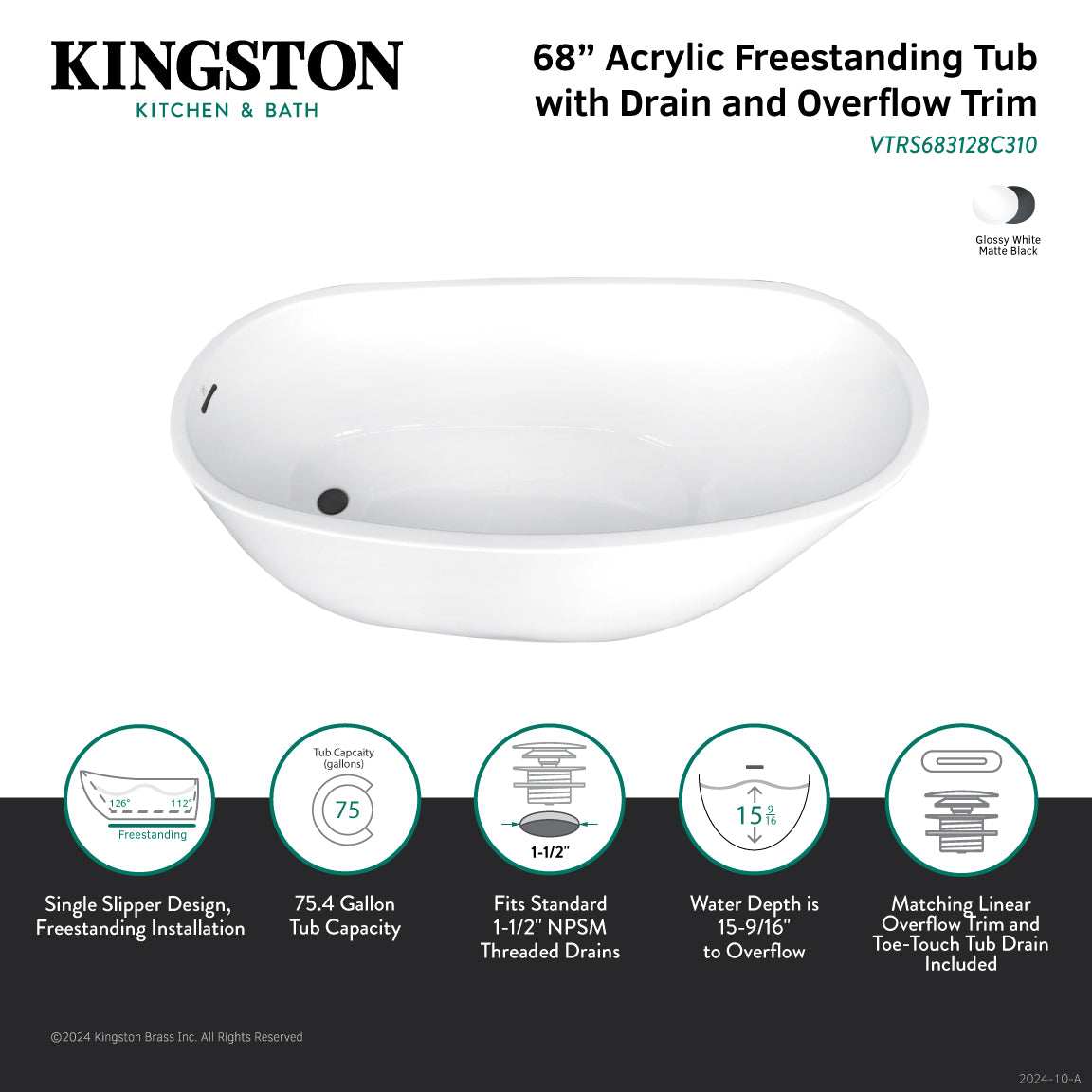 Kingston Brass VTRS683128C310 68" Acrylic Oval Single Slipper Freestanding Tub with Drain, Glossy White/Matte Black