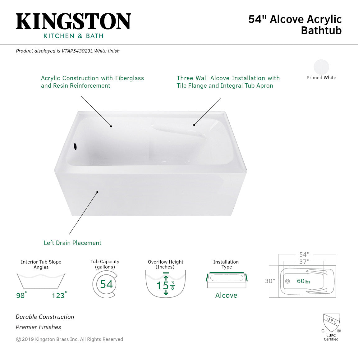 Aqua Eden VTAP543023L 54" Acrylic Rectangular 3-Wall Alcove Tub with Arm Rest and Left Hand Drain Hole, Glossy White