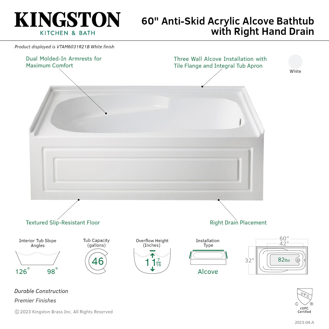 Aqua Eden VTAM6031R21B 60" Acrylic Rectangular 3-Wall Alcove Tub with Armrests and Anti-Skid Surface, Right Hand Drain, Glossy White