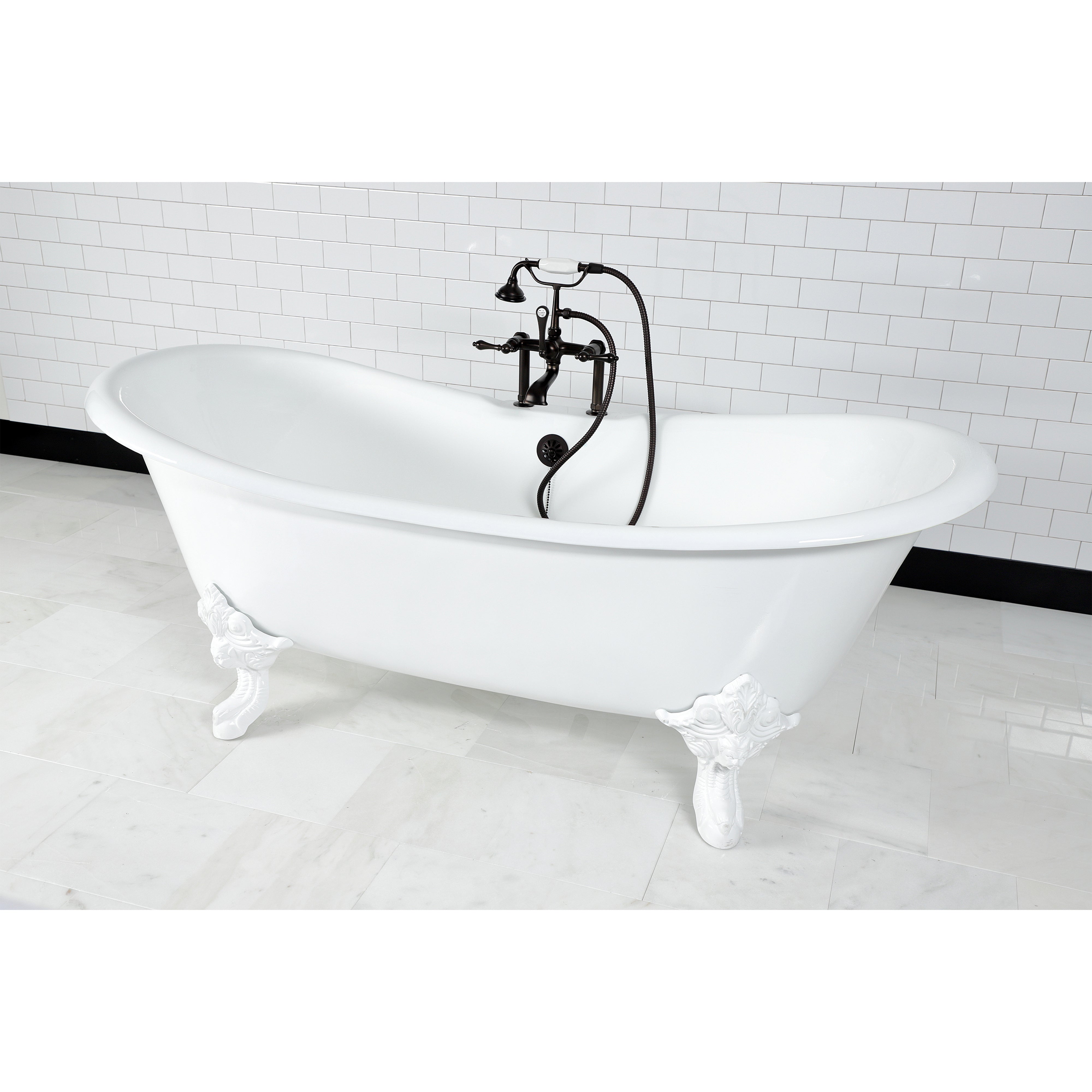 Aqua Eden VCT7DS7231NLW 72" Cast Iron Oval Double Slipper Clawfoot Tub (7" Faucet Drillings), White