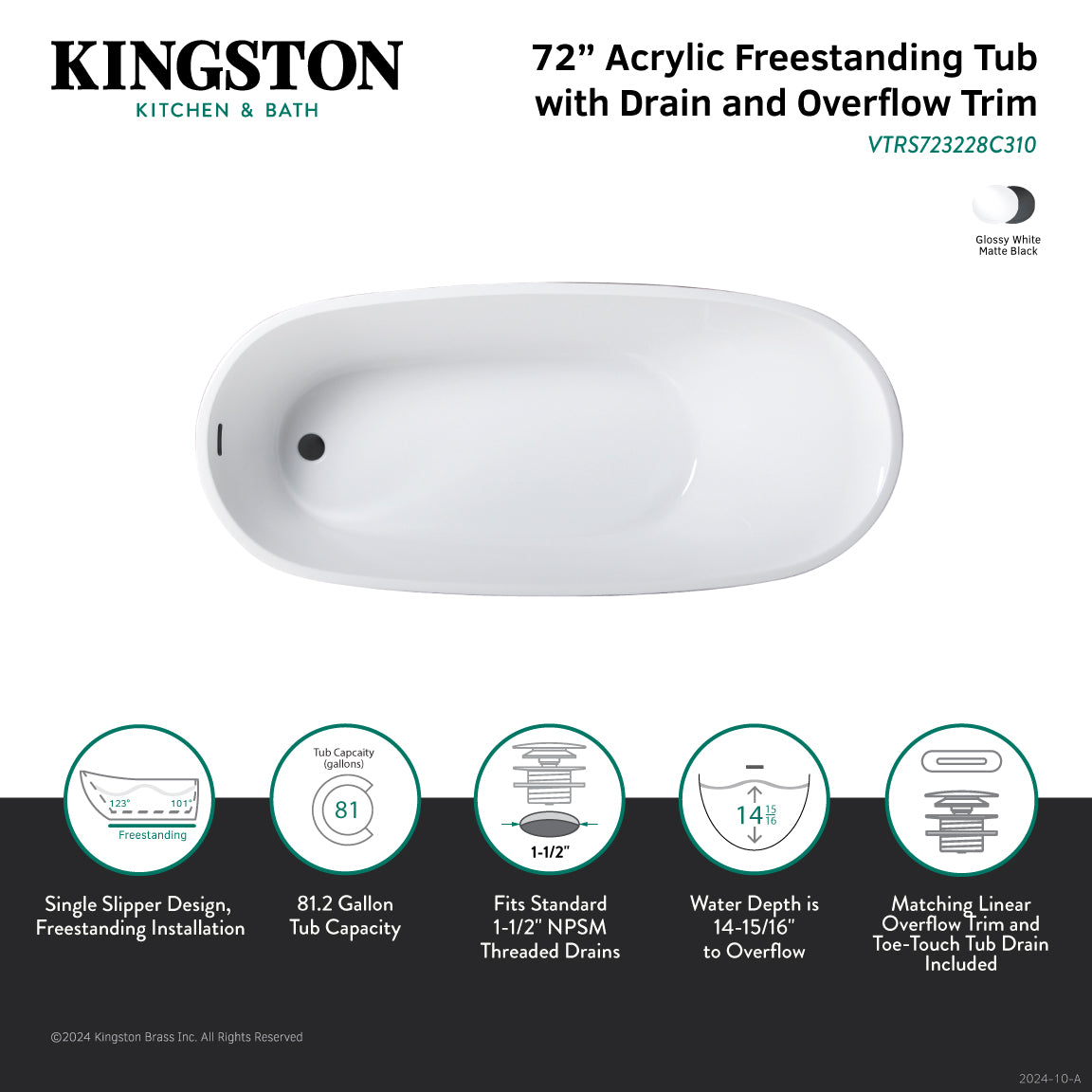 Kingston Brass VTRS723228C310 72" Acrylic Oval Single Slipper Freestanding Tub with Drain, Glossy White/Matte Black