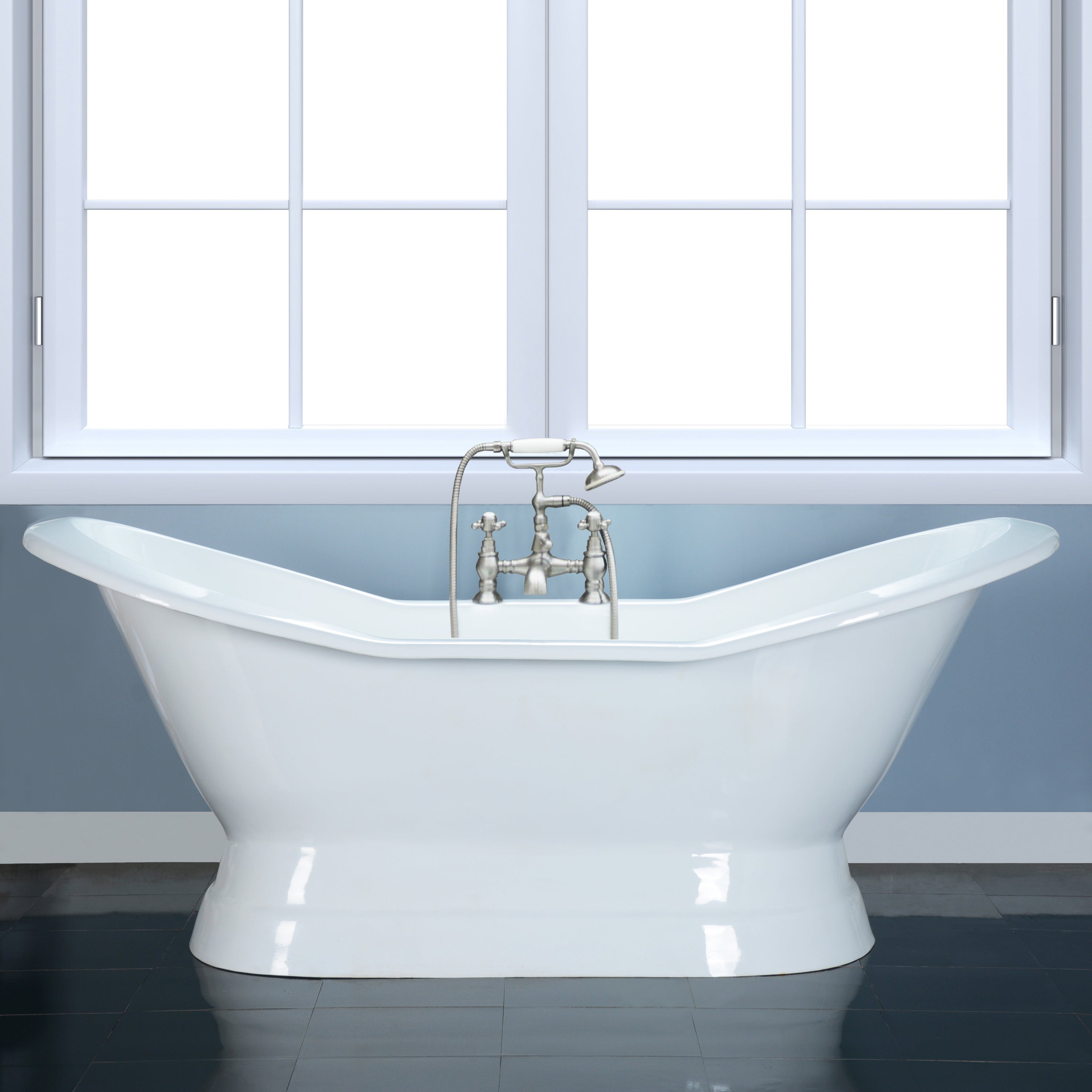 Aqua Eden VCT7D723130 72" Cast Iron Oval Double Slipper Pedestal Tub (7" Faucet Drillings), White