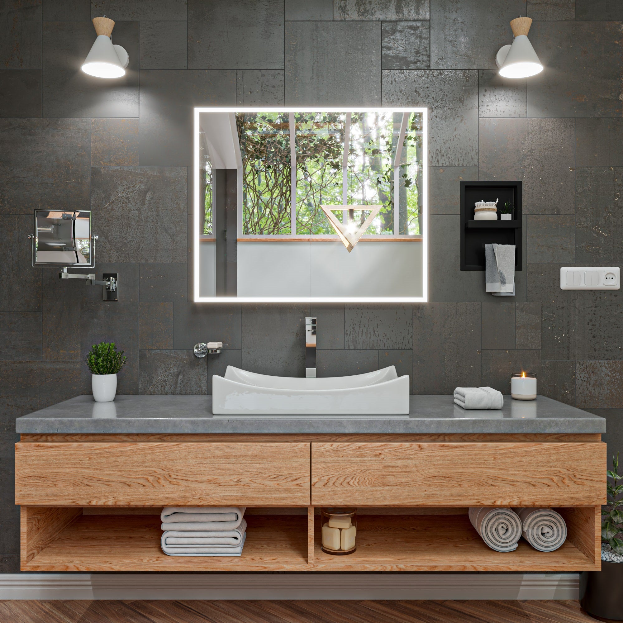 ALFI ABM8WS-BN 8"  Square Wall Mounted 5x Magnify Cosmetic Mirror