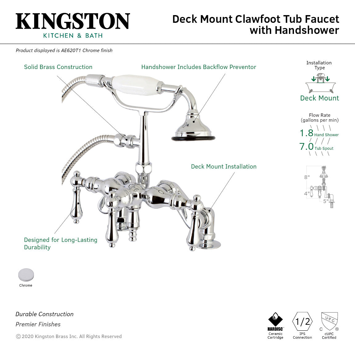 Kingston Brass AE620T1 Vintage 3-3/8" Adjustable Center Deck-Mount Clawfoot Tub Faucet with Hand Shower, Polished Chrome