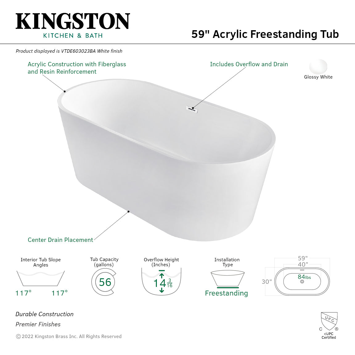 Kingston Brass VTDE603023BA 59" Acrylic Oval Double Ended Freestanding Tub with Drain, Glossy White