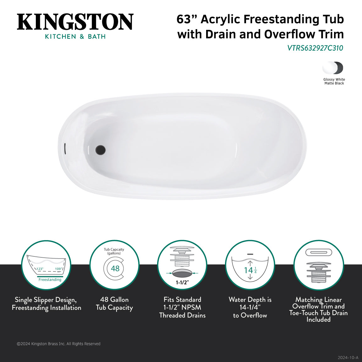 Kingston Brass VTRS632927C310 63" Acrylic Oval Single Slipper Freestanding Tub with Drain, Glossy White/Matte Black