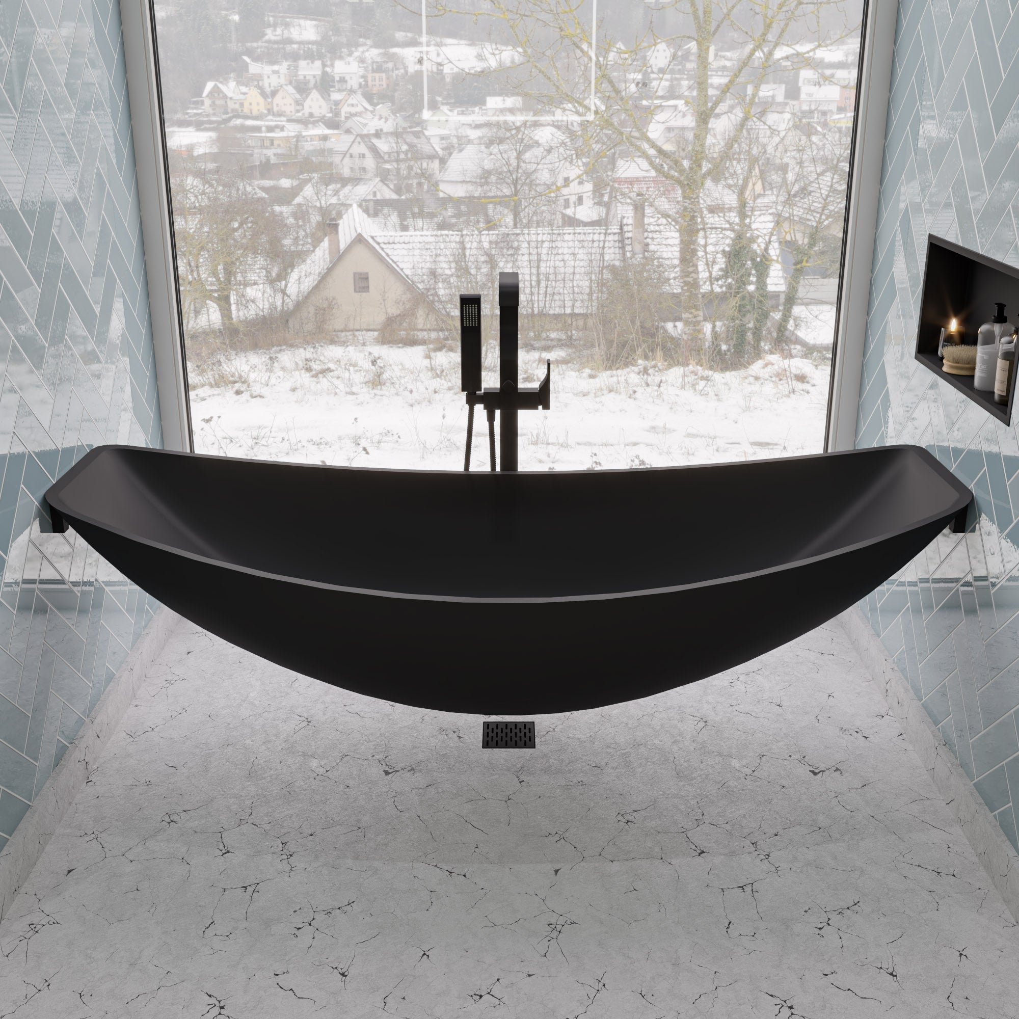ALFI HammockTub1-BM Black Matte 79" Acrylic Suspended Wall Mounted Hammock Bathtub
