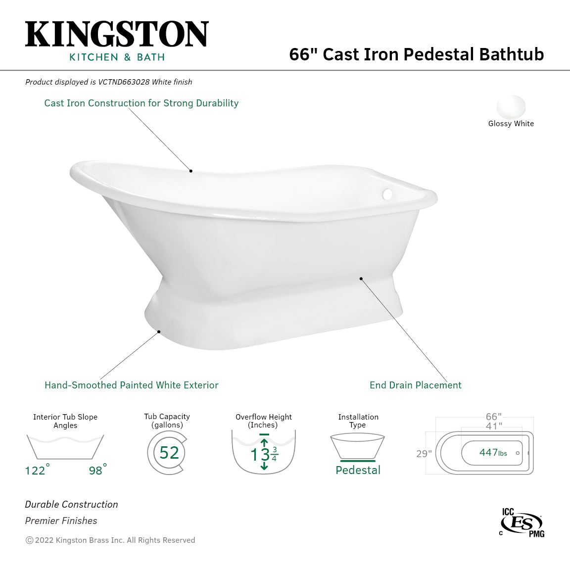Aqua Eden VCTND663028 66" Cast Iron D-Shaped Single Slipper Pedestal Tub (No Faucet Drillings), White