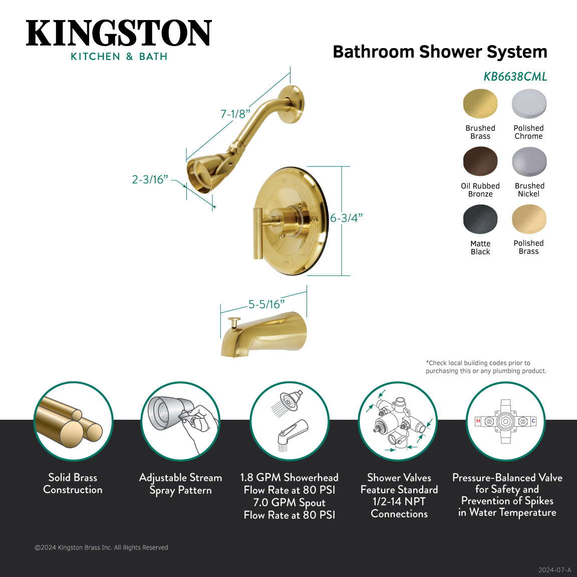 Kingston Brass KB6638CML Manhattan Single-Handle Pressure Balanced Tub and Shower Faucet, Brushed Nickel
