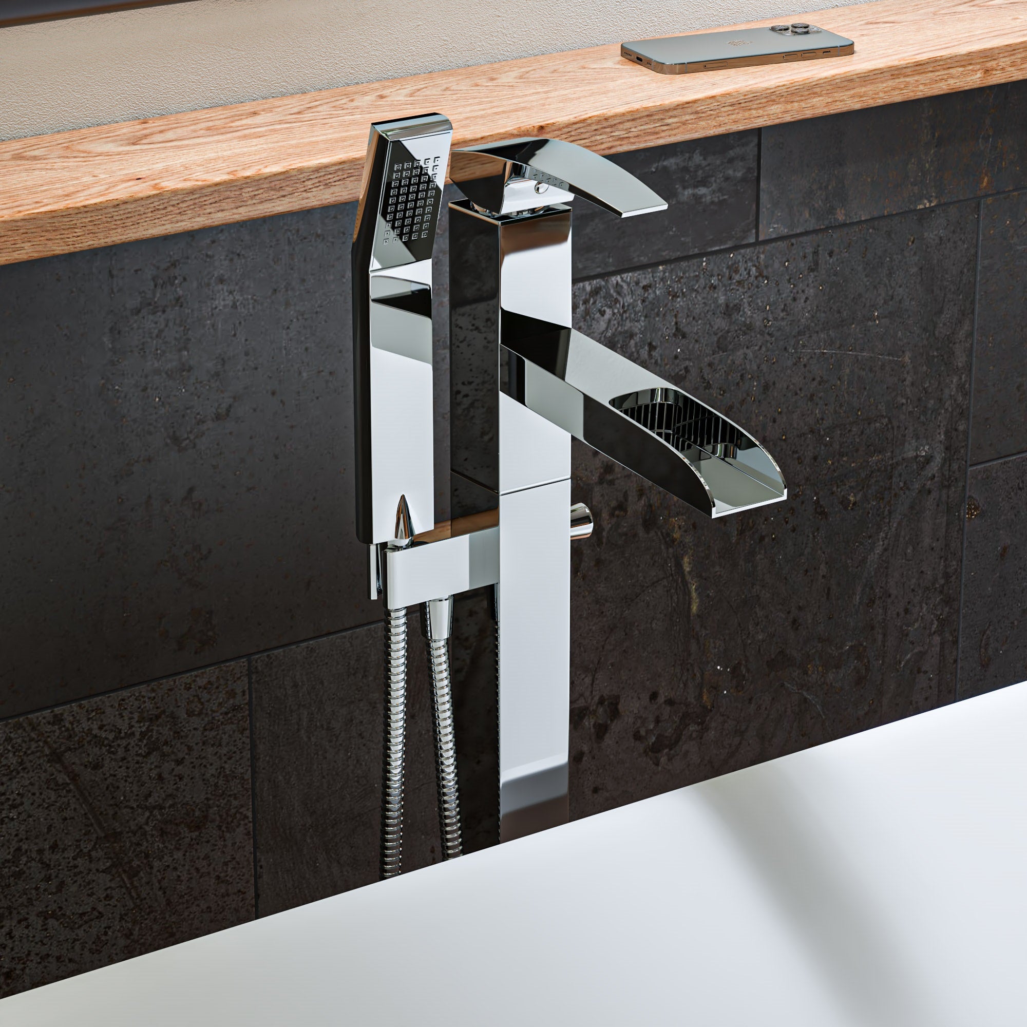 ALFI AB2843-PC Polished Chrome Single Hole Floor Mounted Waterfall Tub Filler