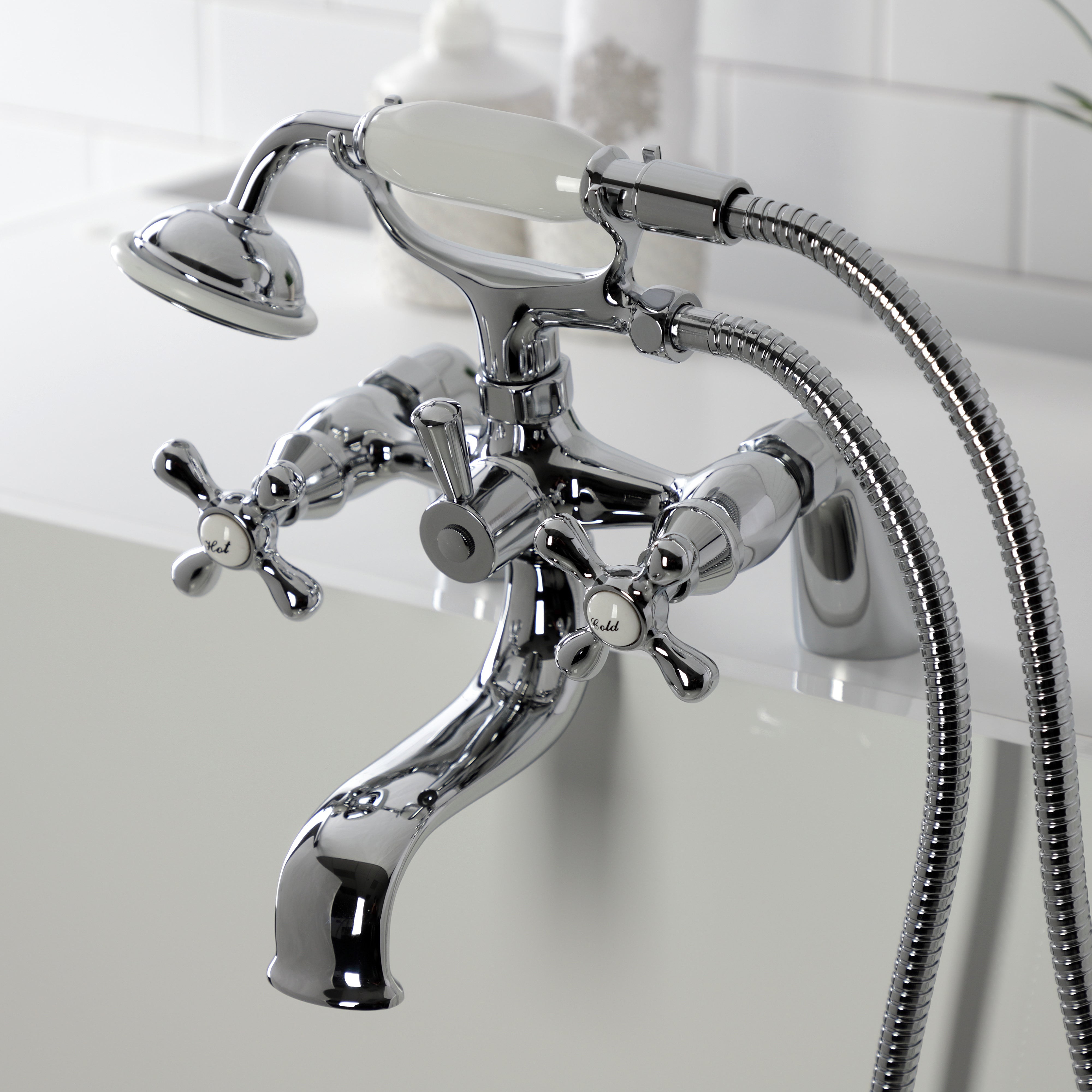 Kingston Brass KS227C Kingston 6" Center Deck-Mount Clawfoot Tub Faucet with Hand Shower, Polished Chrome