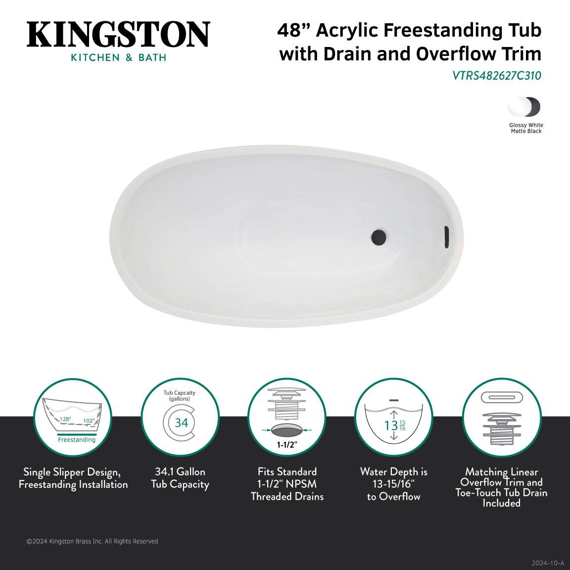 Kingston Brass VTRS482627C310 48" Acrylic Oval Single Slipper Freestanding Tub with Drain, Glossy White/Matte Black