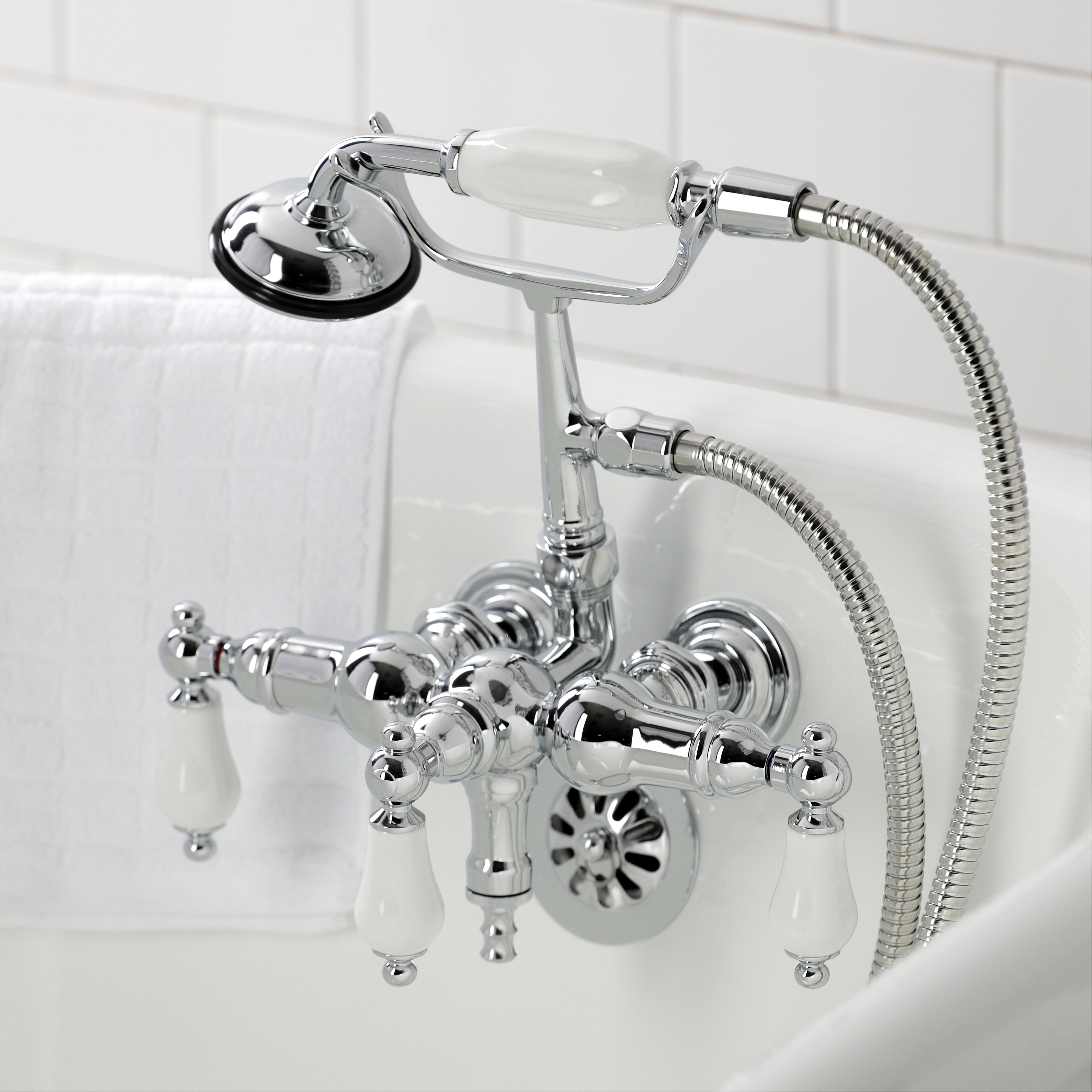 Kingston Brass CA24T1 Vintage 3-3/8" Tub Wall Mount Clawfoot Tub Faucet with Hand Shower, Polished Chrome