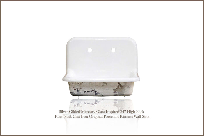 WatermarkFixtures Silver Gilded Mercury Glass Inspired 24" High Back Farm Sink Cast Iron Original Porcelain Kitchen Wall Sink