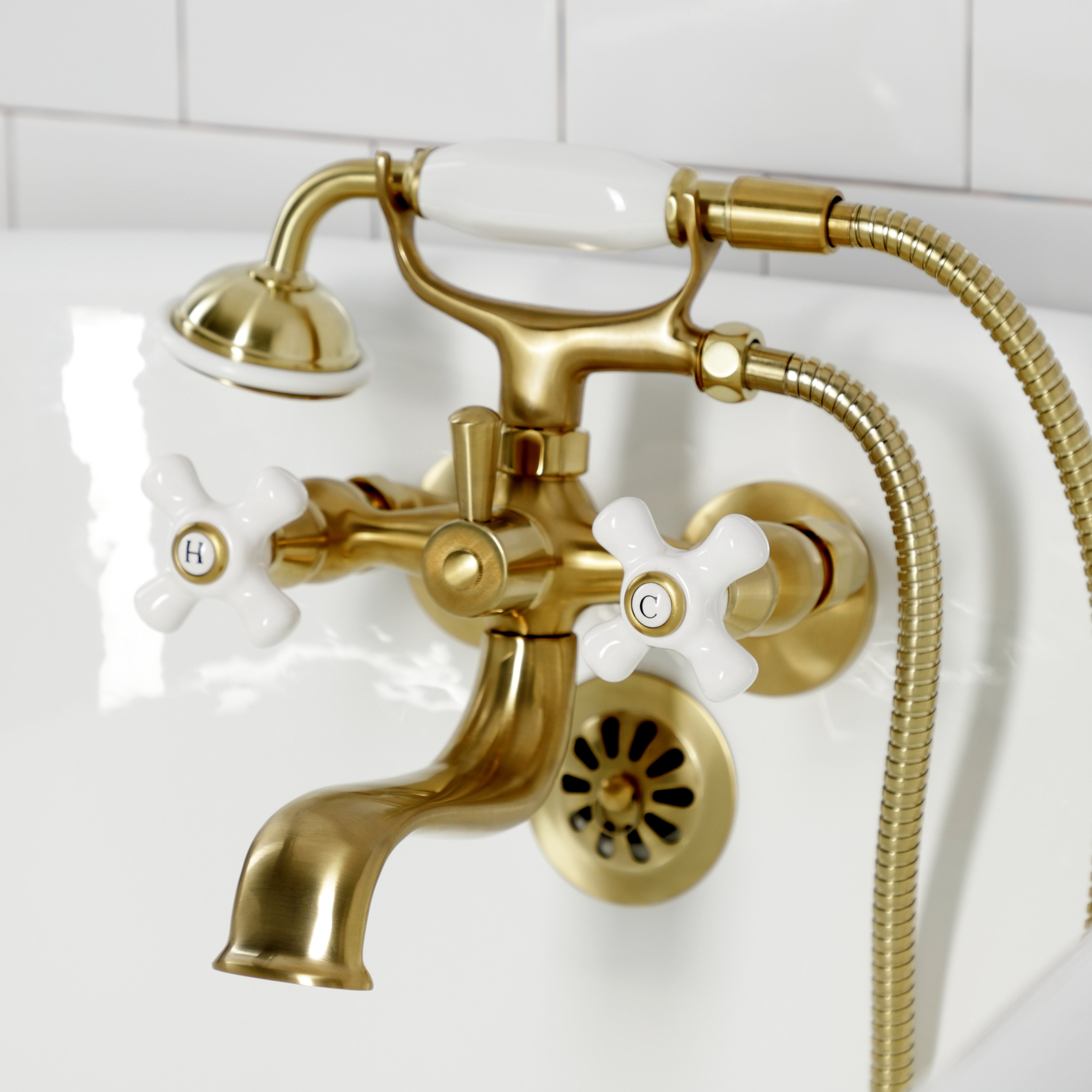 Kingston Brass KS225PXSB Kingston Tub Wall Mount Clawfoot Tub Faucet with Hand Shower, Brushed Brass