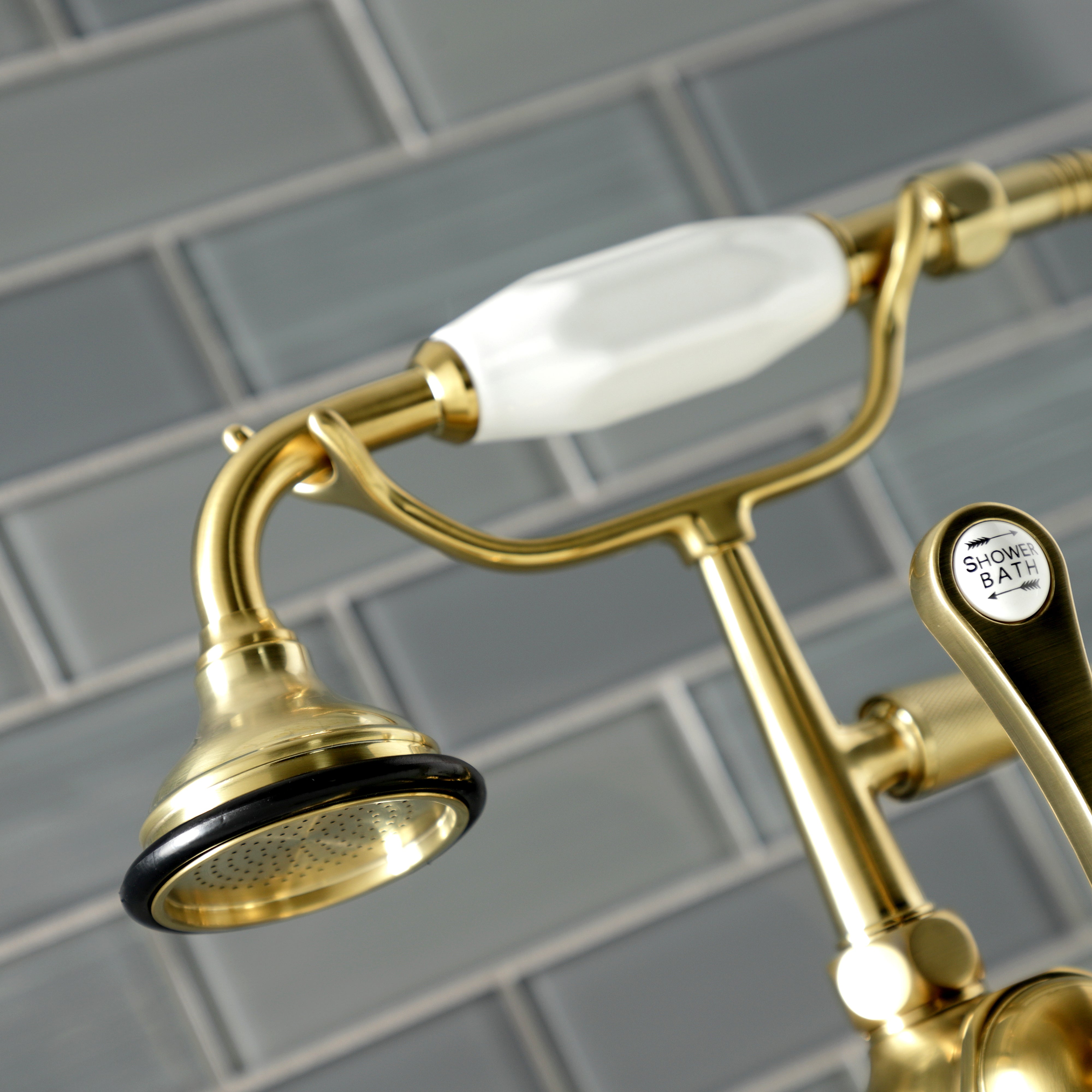 Kingston Brass AE103T7 Aqua Vintage 7" Center Deck-Mount Clawfoot Tub Faucet with Hand Shower, Brushed Brass