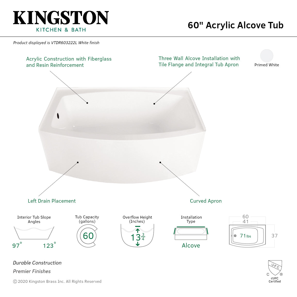 Aqua Eden VTDR603222L 60" Acrylic Rectangular 3-Wall Alcove Tub, Left Hand Drain Hole, Glossy White