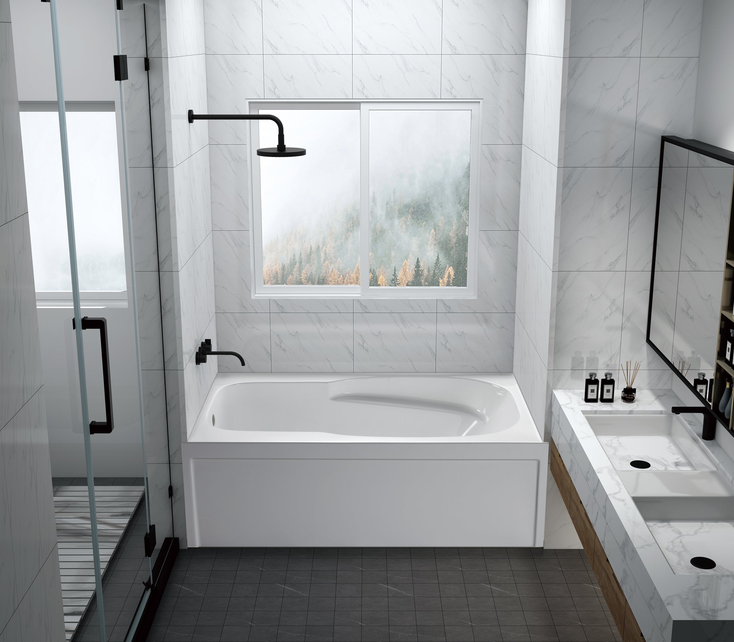 Aqua Eden VTAM6031L21A 60" Acrylic Rectangular 3-Wall Alcove Tub with Armrests and Anti-Skid Surface, Left Hand Drain, Glossy White