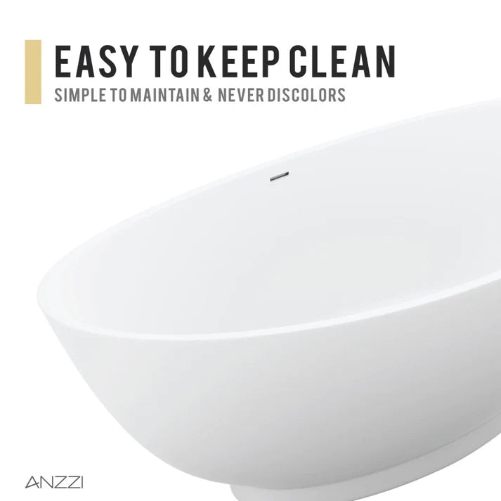 ANZZI Ala 6.2 ft. Solid Surface Center Drain Freestanding Bathtub in Matte White - Bathroom Design Center