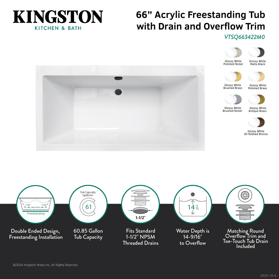 Kingston Brass VTSQ663422M5 66" Acrylic Rectangular Double Ended Freestanding Tub with Overflow/Drain Assembly, Glossy White/Oil Rubbed Bronze