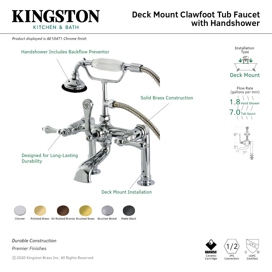 Kingston Brass AE103T0 Aqua Vintage 7" Center Deck-Mount Clawfoot Tub Faucet with Hand Shower, Matte Black