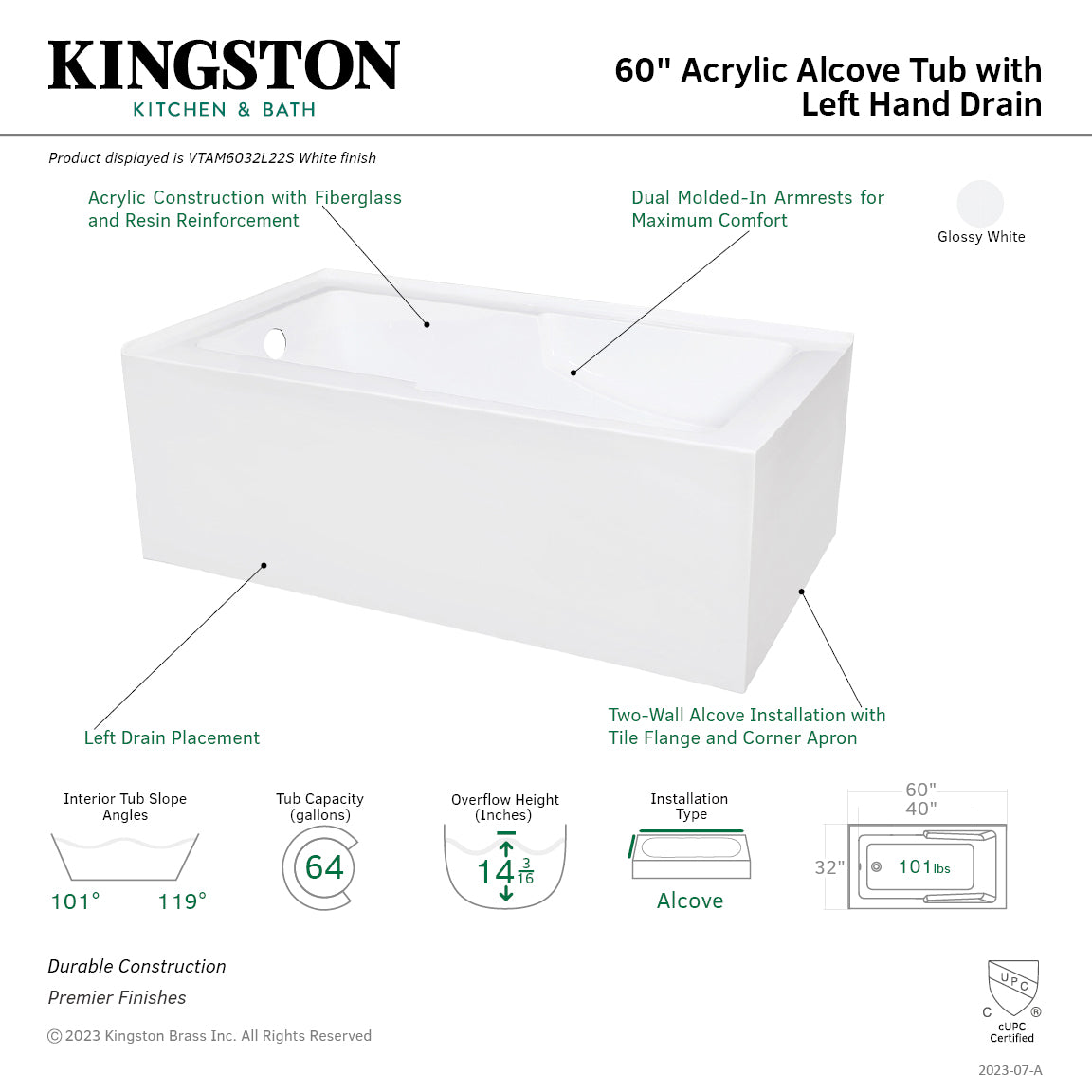 Aqua Eden VTAM6032L22S 60" Acrylic Rectangular 2-Wall Corner Alcove Tub with Corner Apron, Left Hand Drain Hole, Glossy White