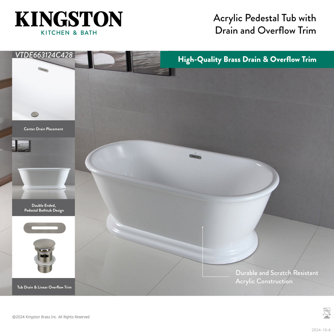 Kingston Brass VTDE663124C420 66" Acrylic Oval Double Ended Pedestal Tub with Drain (No Faucet Drillings), Glossy White/Matte Black