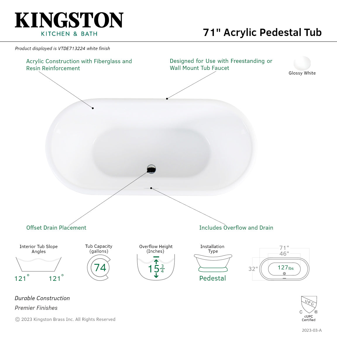 Aqua Eden VTDE713224 71" Acrylic Oval Double Ended Pedestal Tub with Drain (No Faucet Drillings), Glossy White