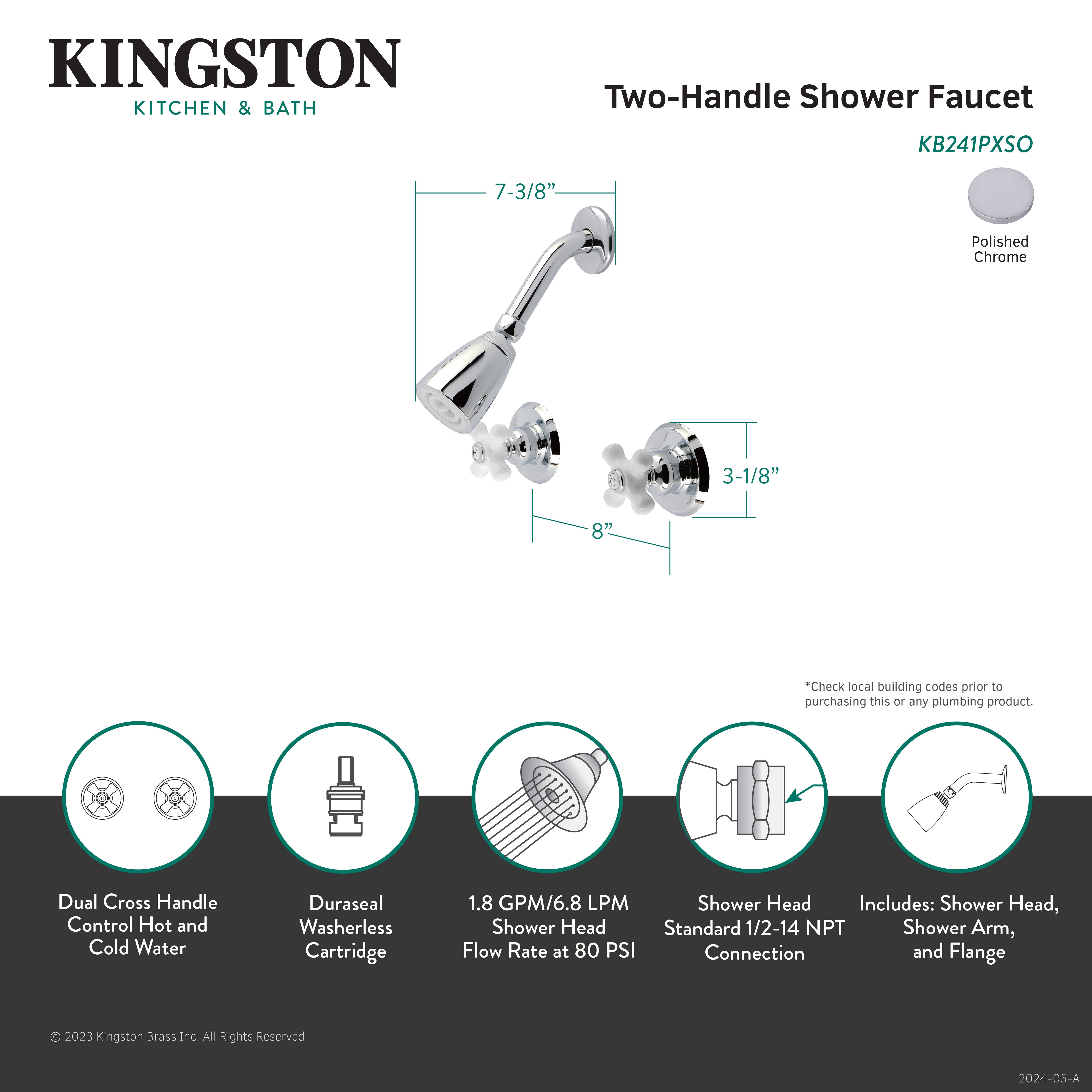 Kingston Brass KB241PXSO Victorian Double-Handle Shower Faucet, Polished Chrome