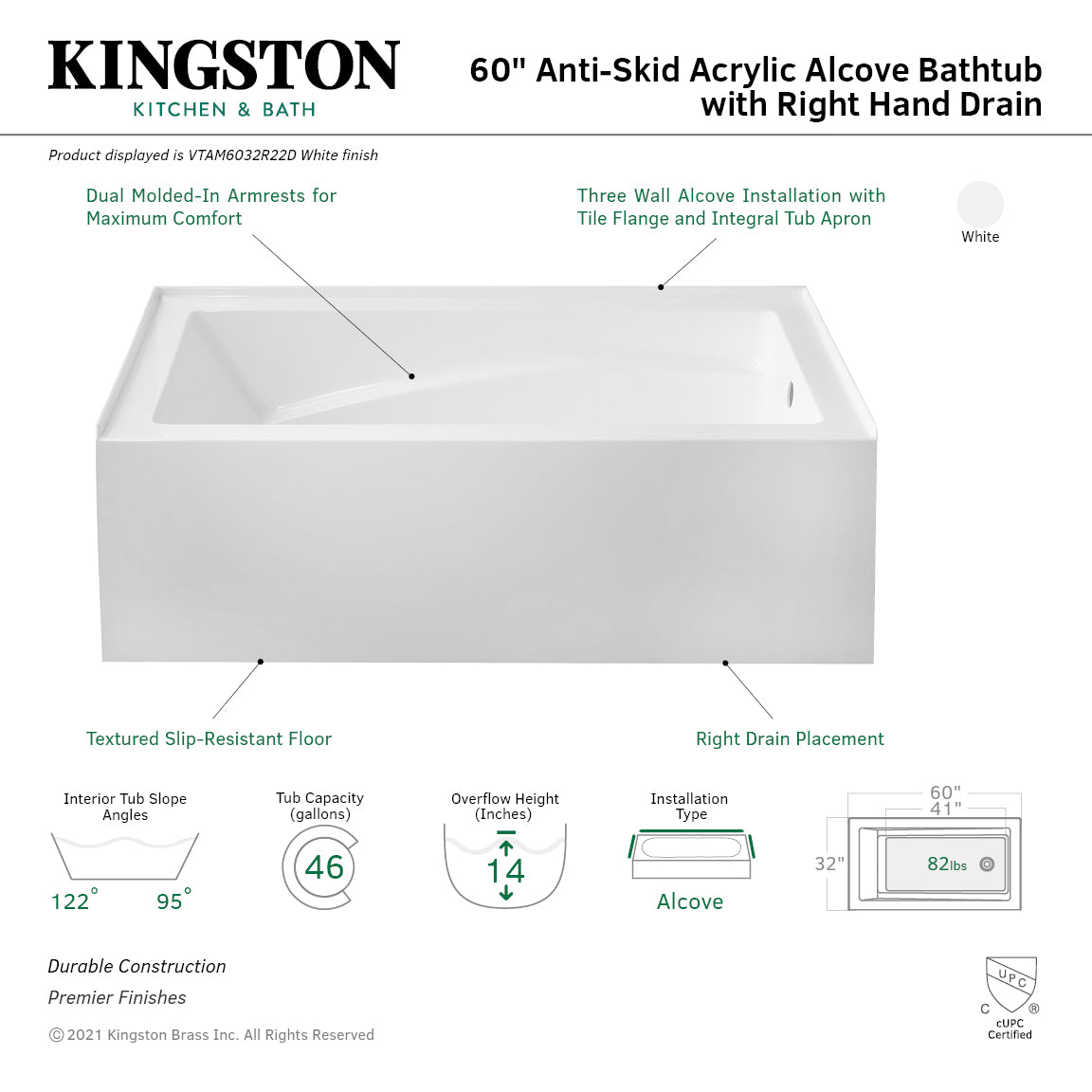Aqua Eden VTAM6032R22D 60" Acrylic Rectangular 3-Wall Alcove Tub with Armrest and Anti-Skid Surface, Right Hand Drain, Glossy White