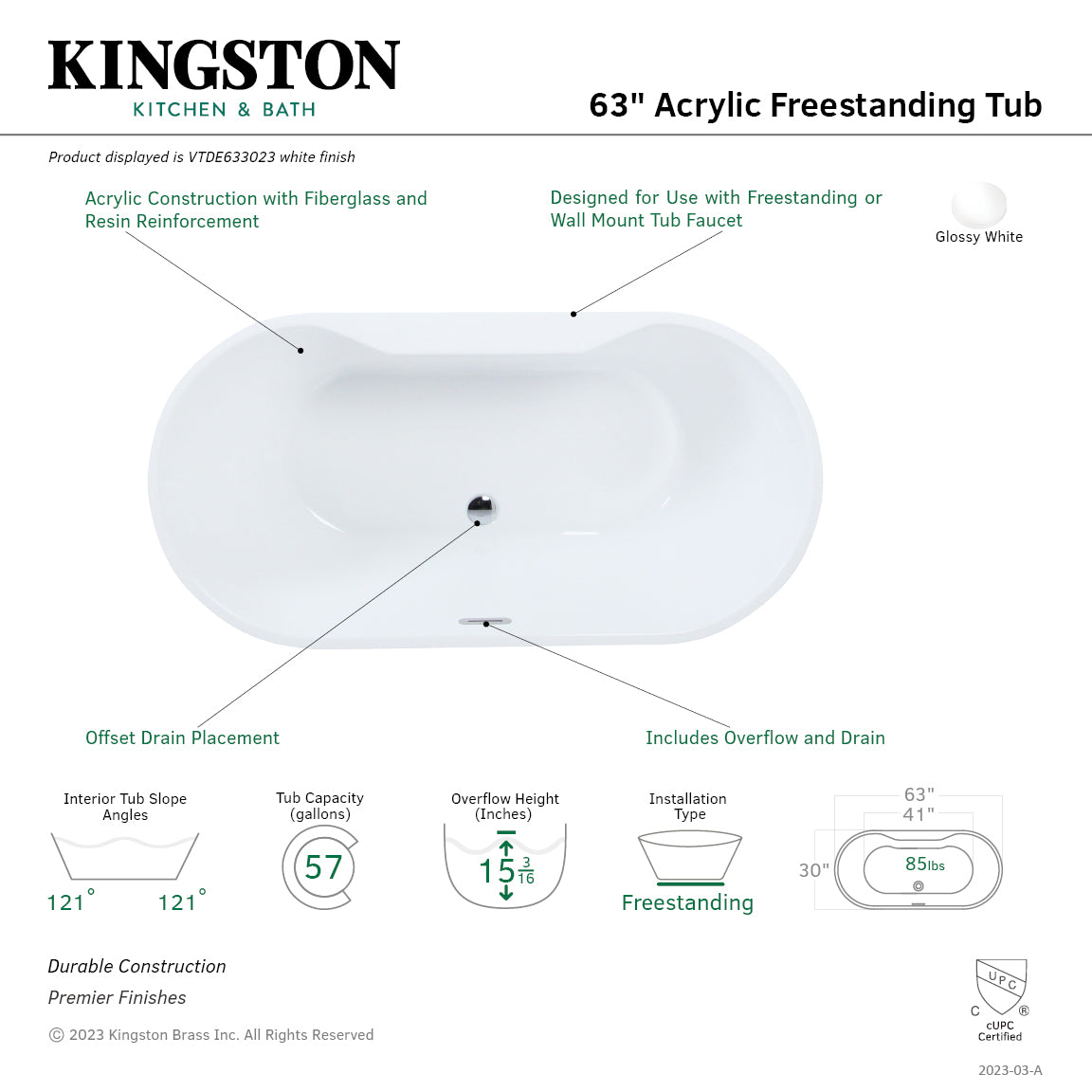 Kingston Brass VTDE633023 63" Acrylic Oval Double Ended Freestanding Tub with Drain, Glossy White