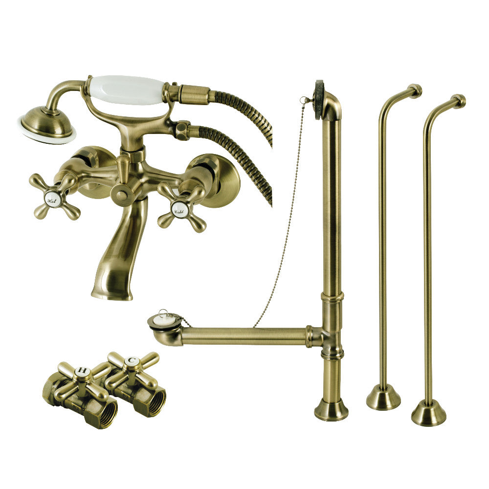 Kingston Brass CCK265AB Vintage Wall Mount Clawfoot Tub Faucet Package with Supply Line, Hand Shower and Tub Drain, Antique Brass