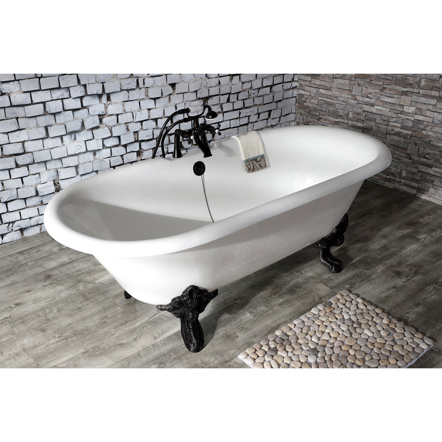 Aqua Eden VCT7DE7232NL0 72" Cast Iron Oval Double Ended Clawfoot Tub (7" Faucet Drillings), White/Matte Black