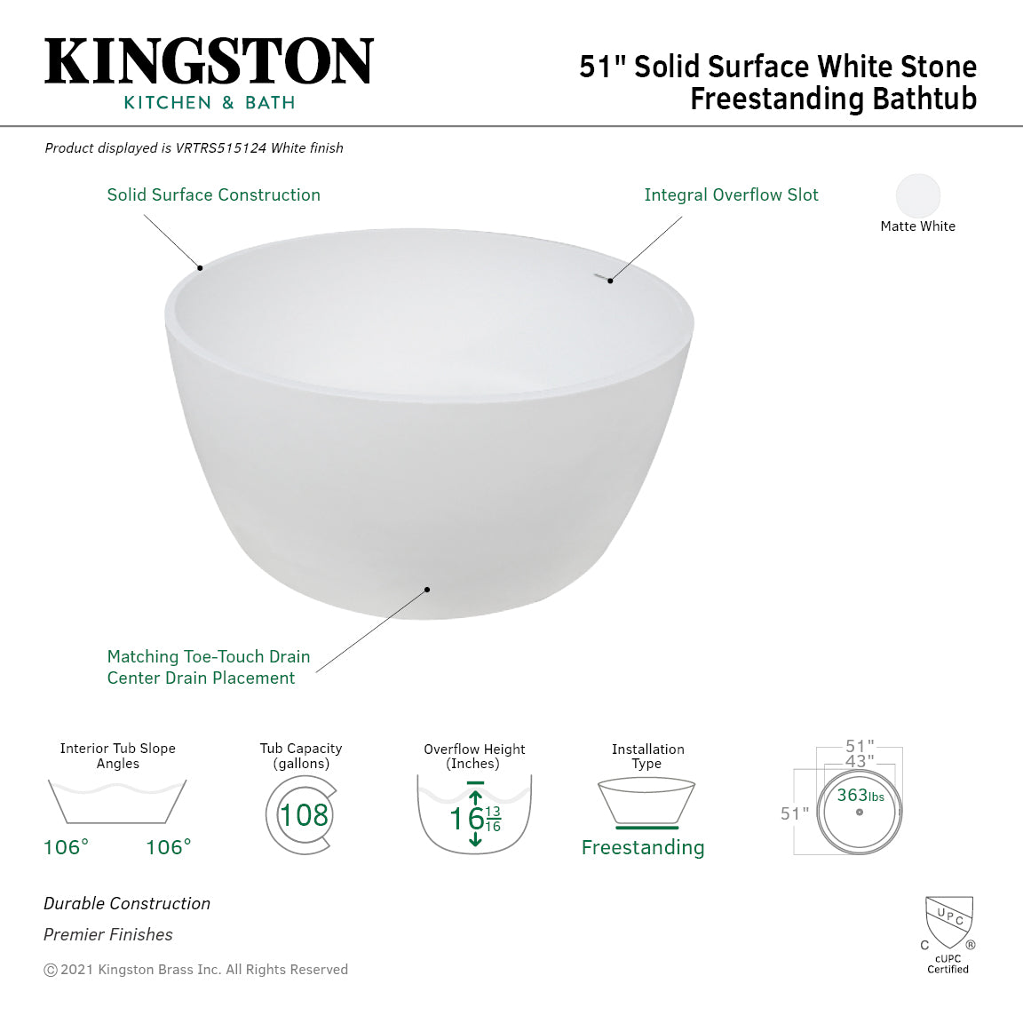 Kingston Brass VRTRS515124 51" Solid Surface Round Double Ended Freestanding Tub with Drain, Matte White
