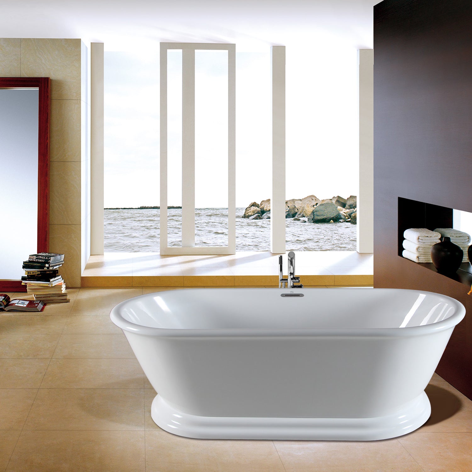 Aqua Eden VTDE602824 60" Acrylic Oval Double Ended Pedestal Tub with Drain (No Faucet Drillings), Glossy White
