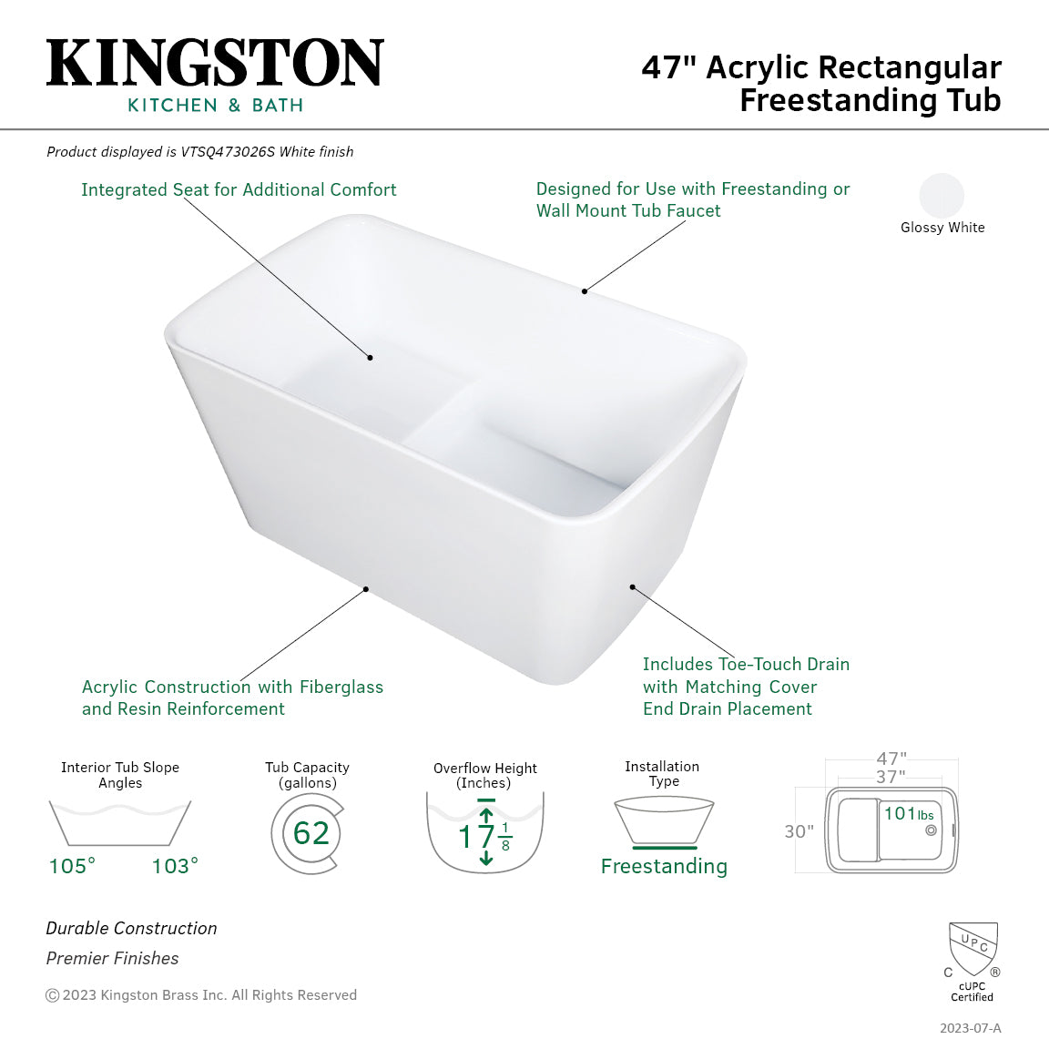 Kingston Brass VTSQ473026S 47" Acrylic Rectangular Double Ended Freestanding Tub with Drain and Integrated Seat, Glossy White
