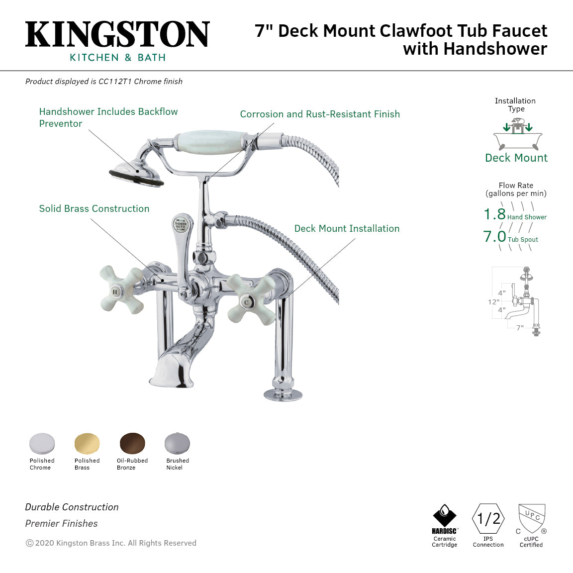 Kingston Brass CC112T1 Vintage 7" Center Deck-Mount Clawfoot Tub Faucet with Hand Shower, Polished Chrome